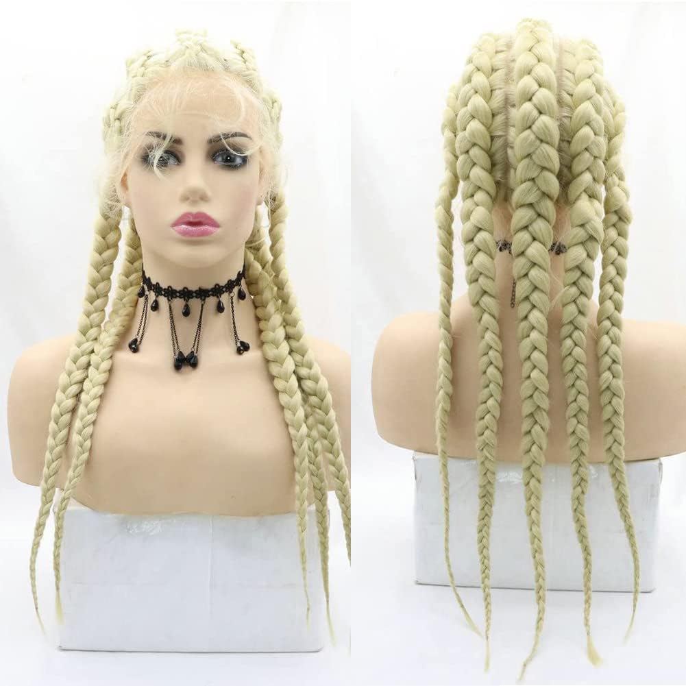 Afbeauty 613 Blonde 5 Braided for Women Handmade Blonde 5 Braids Wig Synthetic Blonde Lace Wig with Baby Hair Heat Resistant Fibre 5 Braided Daily Makeup Wigs 24 Inches image number 2