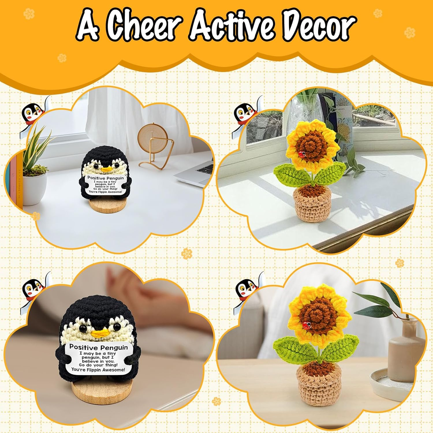 Mini Postive Crochet Funny Gift, 2PCS 3 Inch Cute Crochet Sunflower Pot Desk Decoration Toy with Positive Card for Dad Father Women Mom Best Friend Teacher Fall (Sunflower & Penguin) image number 1