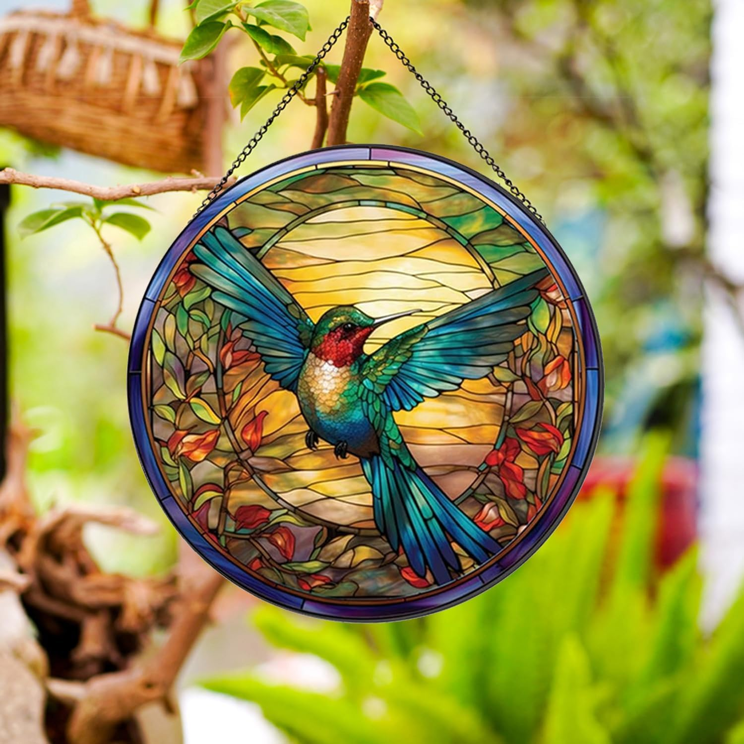 Hummingbirds Pattern Stained Glass Suncatchers for Windows,Hanging Stained Glass Suncatcher,20Cm/7.87Inch Hand-Painted Sun Catcher Garden Hangings Painted Glass Panel Decor Themed Gift image number 4
