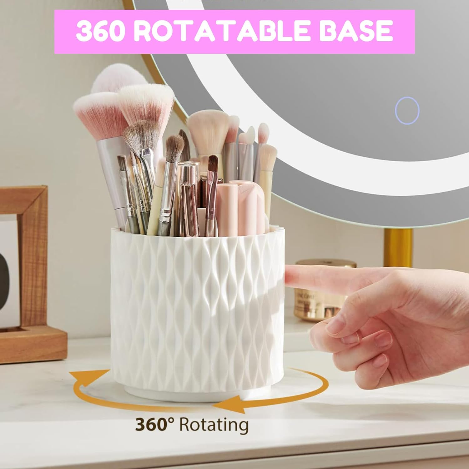 Rotating Makeup Brush Organizer - 360&deg; Spinning Storage Cup with 5 Compartments for Cosmetics, Lipsticks & Art Supplies, Desktop Vanity Holder (White with Cover) image number 1