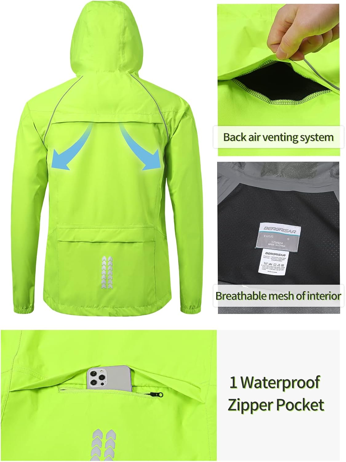 BERGRISAR Men'S Cycling Rain Jacket Waterproof Cycling Windbreaker Bike Bicycle Jacket Running Hood Rain Coat