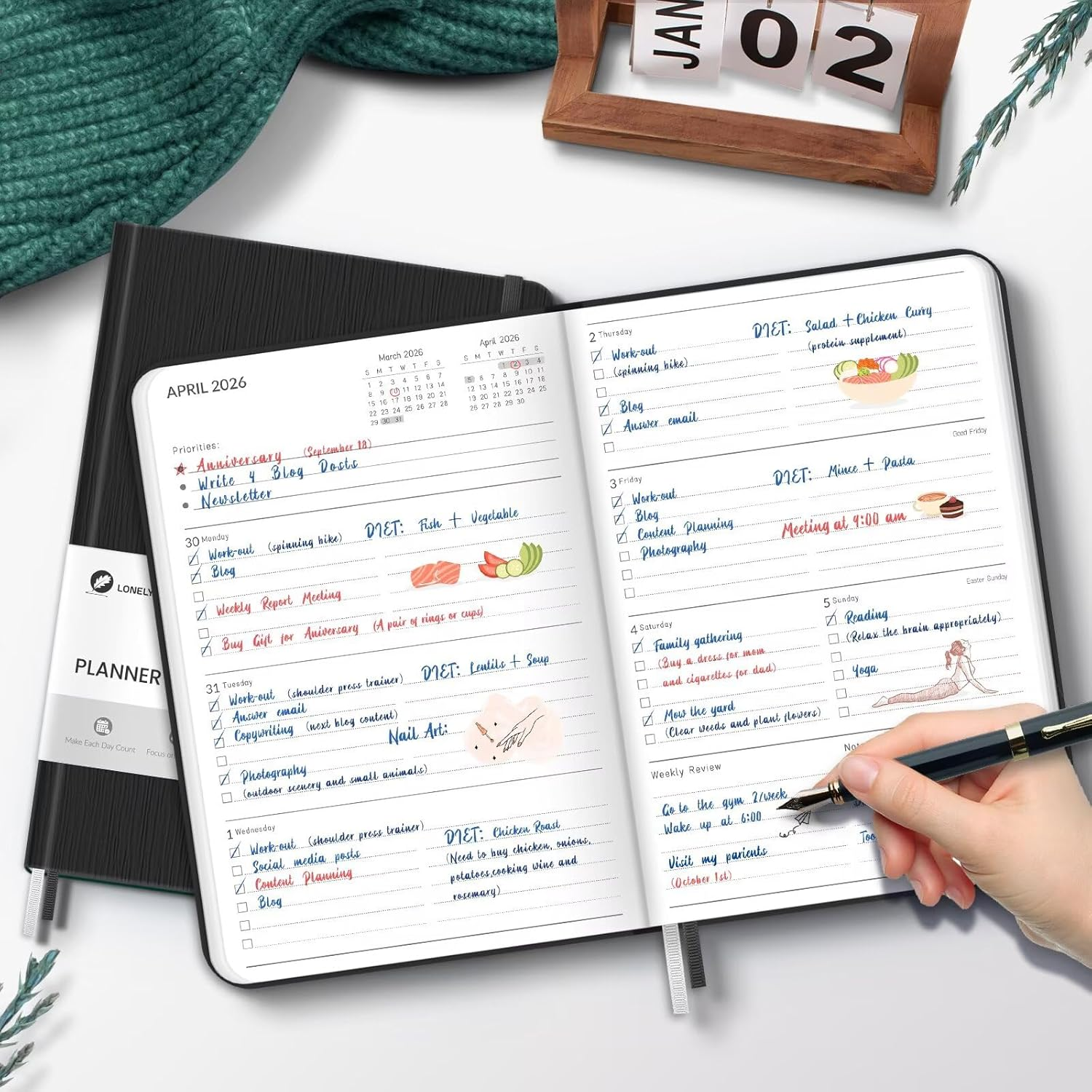 2026 Diary, Weekly and Monthly Planners, Faux Leather Daily Calendar 2026 Planner, 12 Month Agenda from Jan. to Dec., Hardcover Habit Tracker Journal 5.75" X 8.4"(Black)