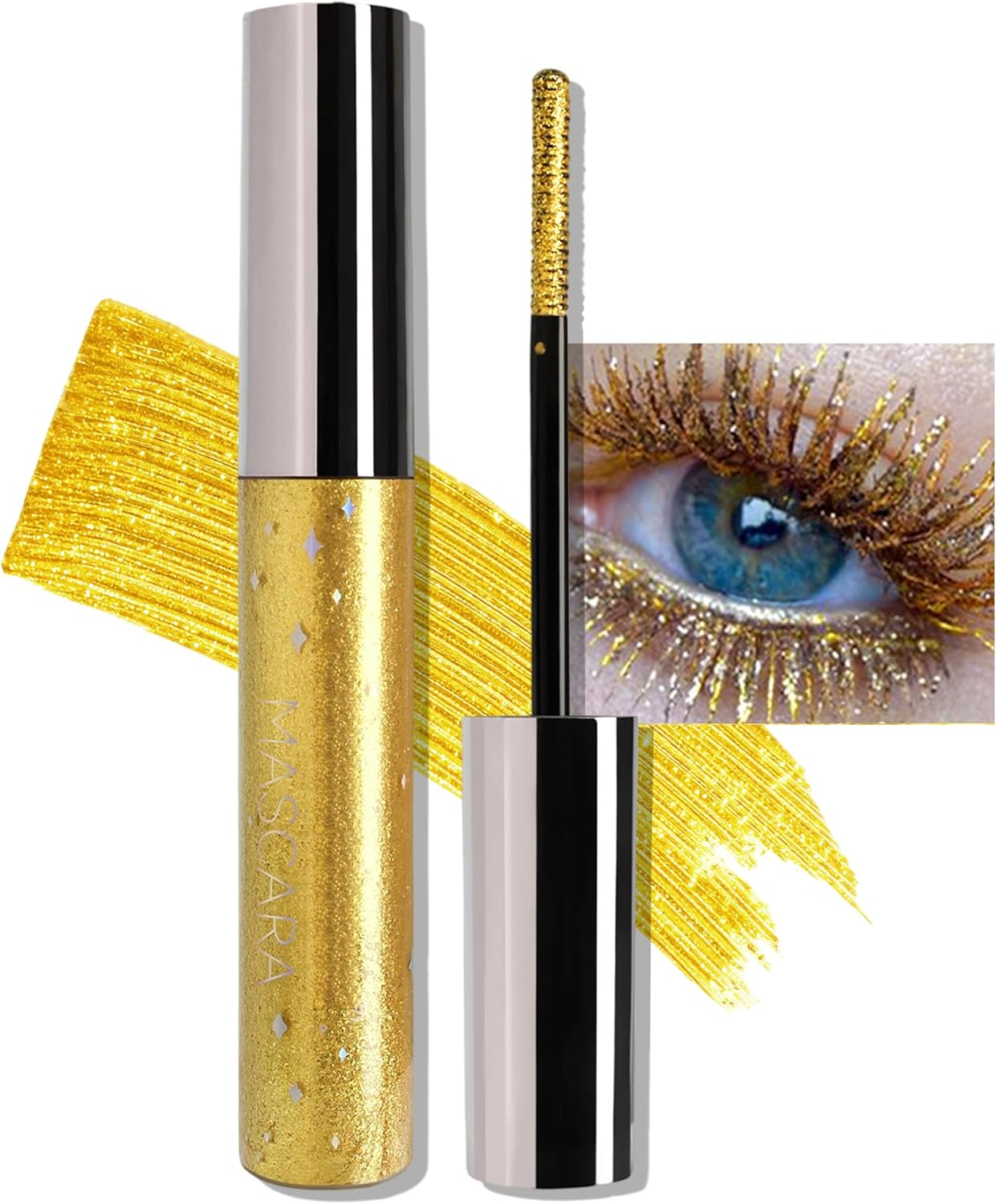 Erinde Glitter Sparkle Mascara, Gold Shimmer Lash Mascara for Lengthening & Defining Lashes, Lightweight Buildable Glitter Mascaras, Long Wearing Lash Makeup for Party Festival Daily Eye Look #02