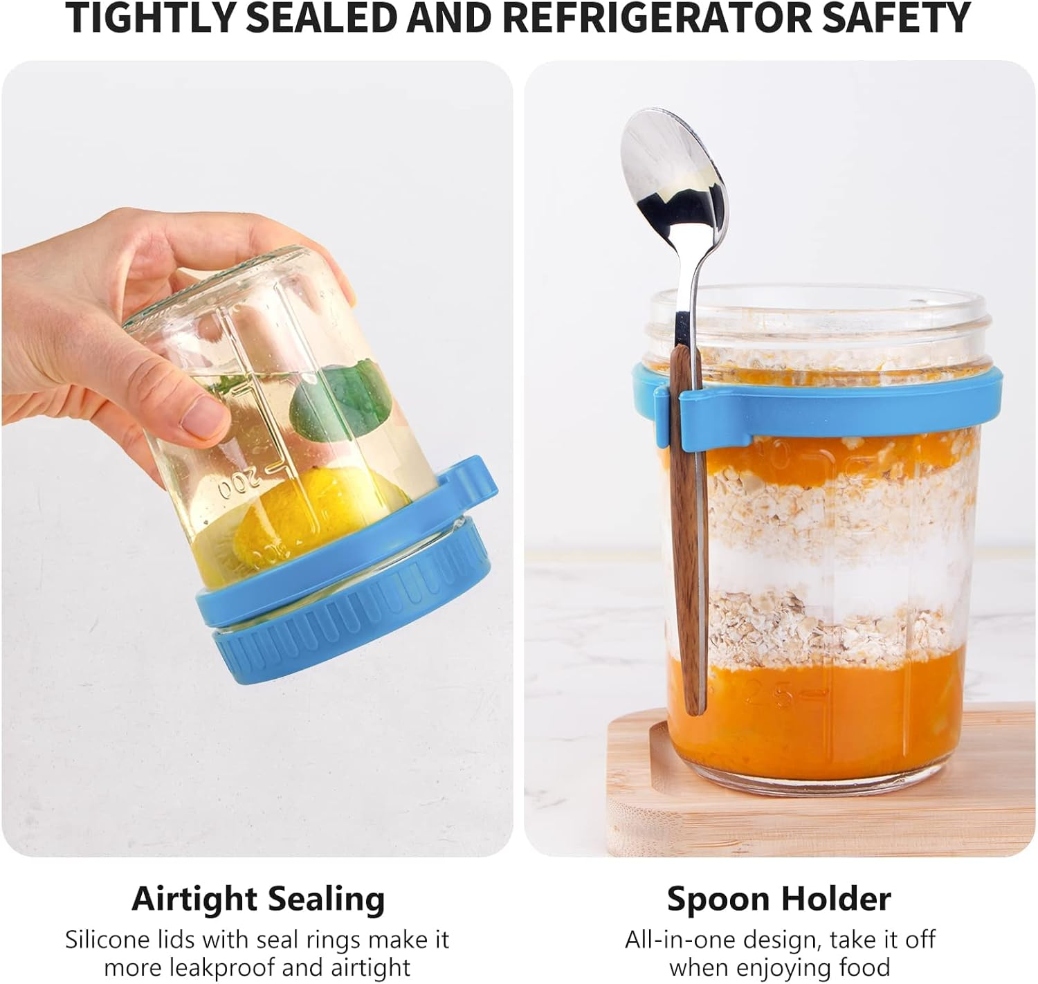 Overnight Oats Containers with Lids and Spoon, 2 Pack Mason Jars for Overnight Oats, 12Oz/350Ml Overnight Oats Jars Glass Oatmeal Container to Go for Chia Pudding