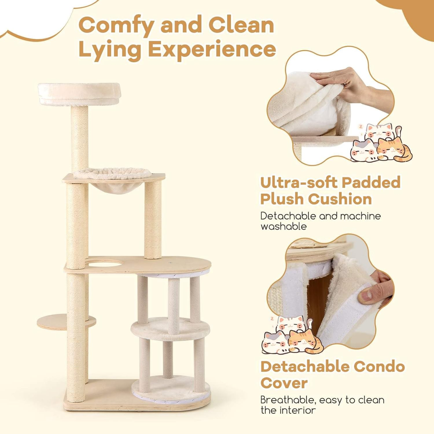 Costway 151 Cm Tall Cat Tree, Wooden Cat Tower W/ 2-Story Condo, Sisal Scratching Posts & Mat, Perch, Hammock, Washable Plush Cushion, Multi-Layer Kitten Activity Center, Modern Indoor Cat Furniture image number 2