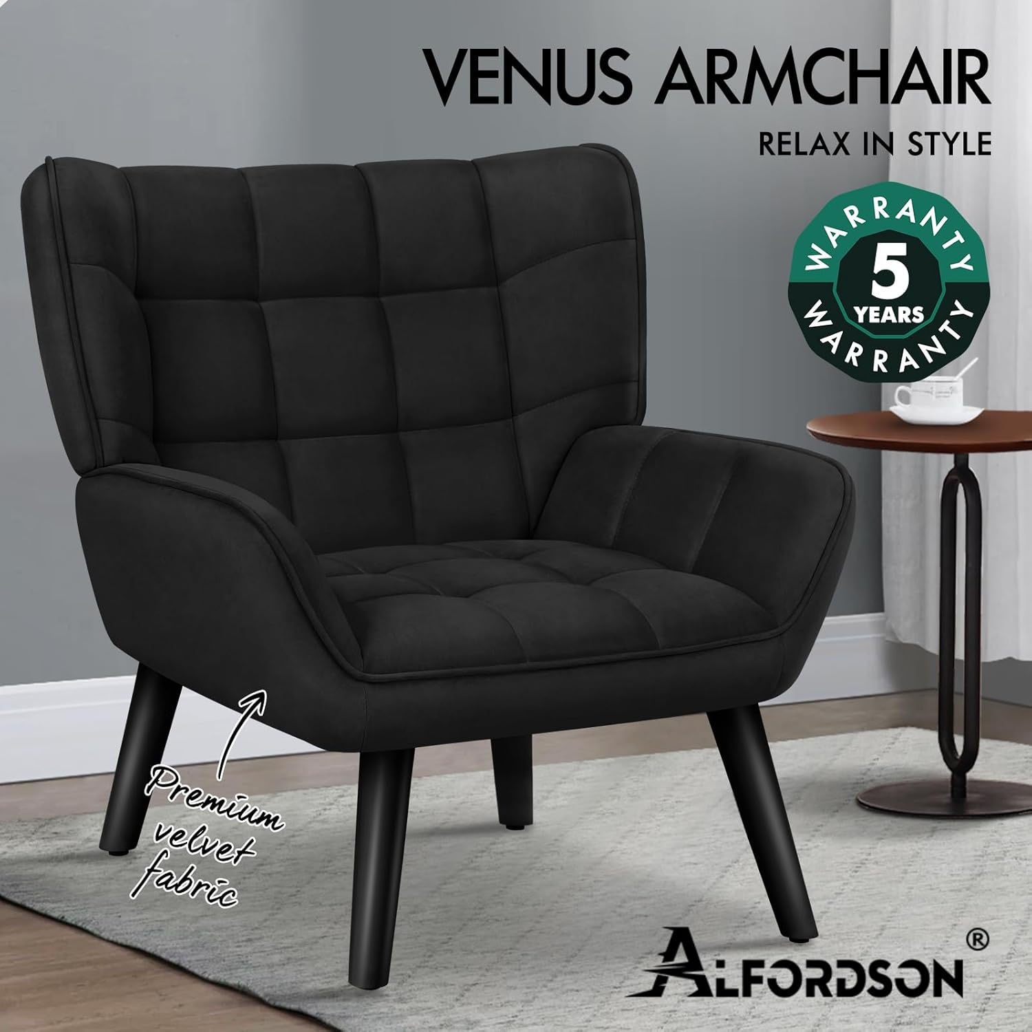 ALFORDSON Velvet Armchair Accent Chair Venus Series with Solid Wooden Legs, Nursing Chair Lounge Sofa for Reading Bedroom Living Dressing Room, Max 180Kg, Black image number 3