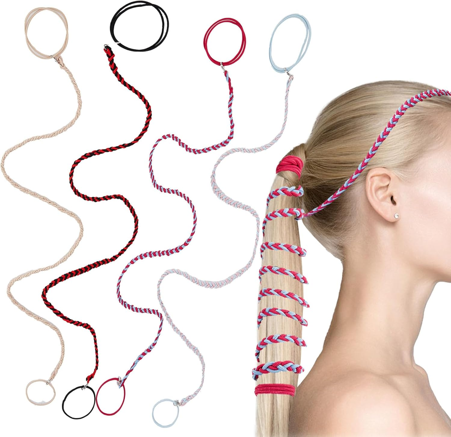 NICENEEDED Pack of 4 25 Inch Colourful Sports Hair Bobbles Long Hair Ponytail Warp Hair Holder Elastic Braided Spiral Hair Scrunchie for Gym Swimming Bungee Motorcycle image number 1