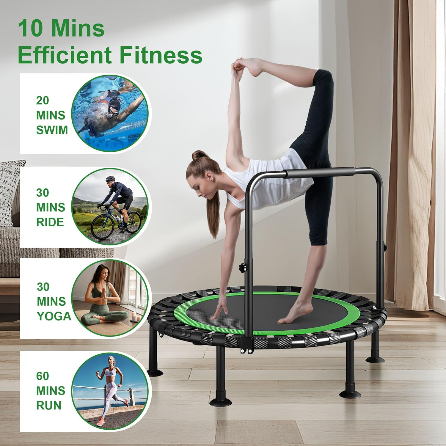 Aumerage 40" Mute Rebounder Trampoline，Max Load 180KG Foldable Fitness Exercise Workout Silent Rebounder Trampoline with Adjustable Heights Foam Handrail image number 4