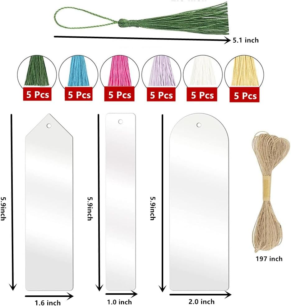 Cuicanfla 61 Pcs Blank Acrylic Bookmark Set, 30PCS Clear Acrylic Craft Bookmarks + 30PCS Colorful Tassel + 1PCS Cord, Acrylic Bookmark, for DIY Craft Ornaments