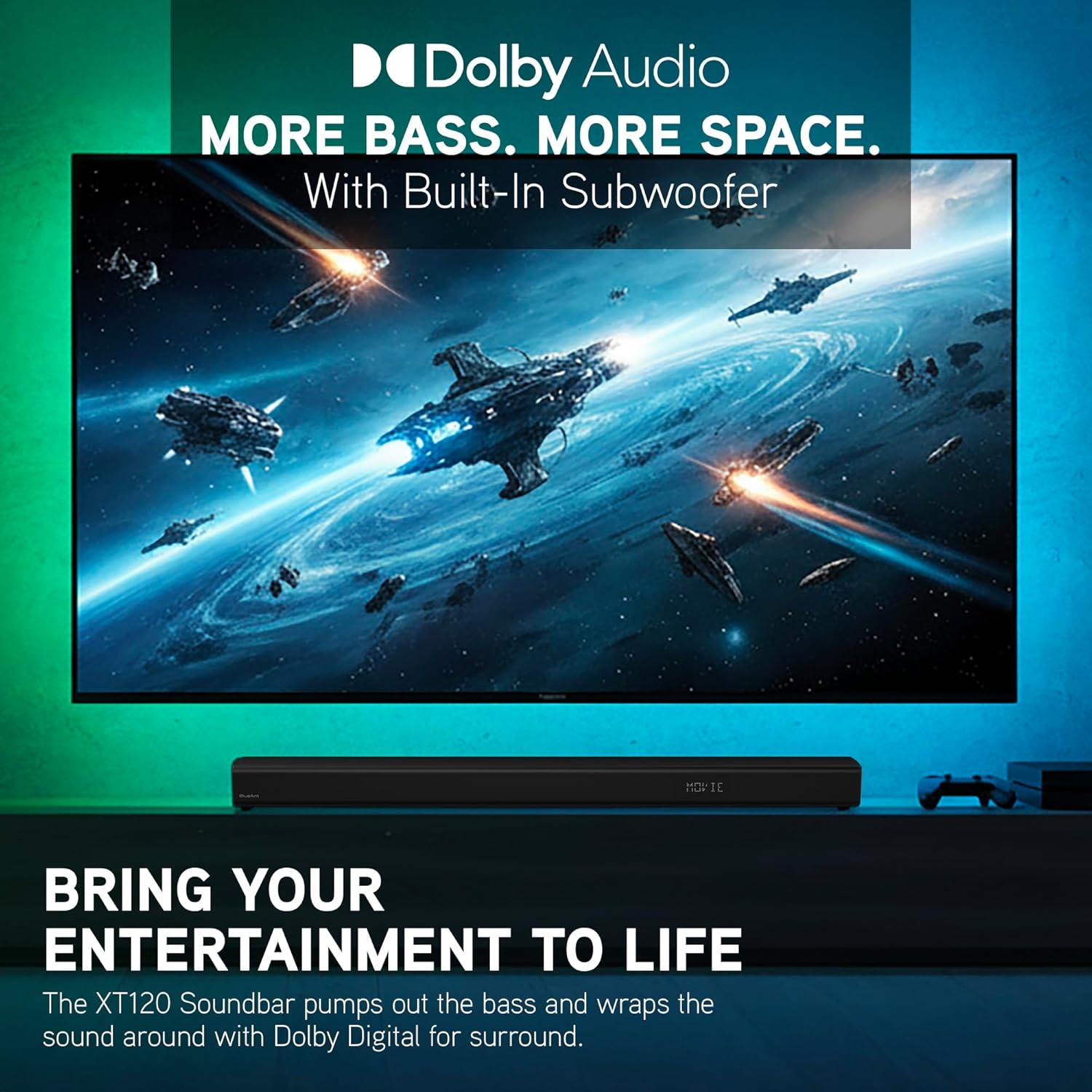 Blueant XT120 Soundbar with Internal Subwoofer, 120W Dolby Digital Surround Sound, HDMI ARC, Optical & Bluetooth, Sleek Under-Tv Home Theatre Audio System with EQ Modes image number 2