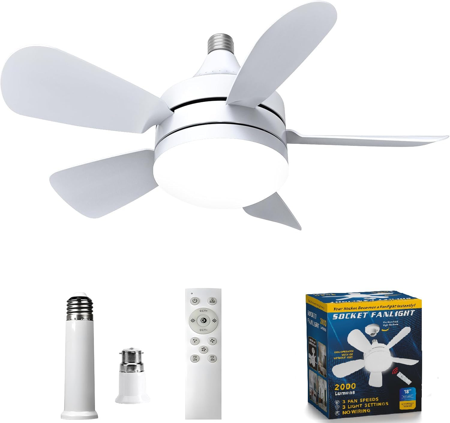 Yaberry Grove Socket Fan Light -18" Ceiling Fan with Light and Remote, E26/E27/B22 Plug in Fan Light Bulb for Bedroom, Kitchen, Living Room, Workshop-3 Color Temperatures, 3 Fan Speeds,2000 Lumens,50W image number 1