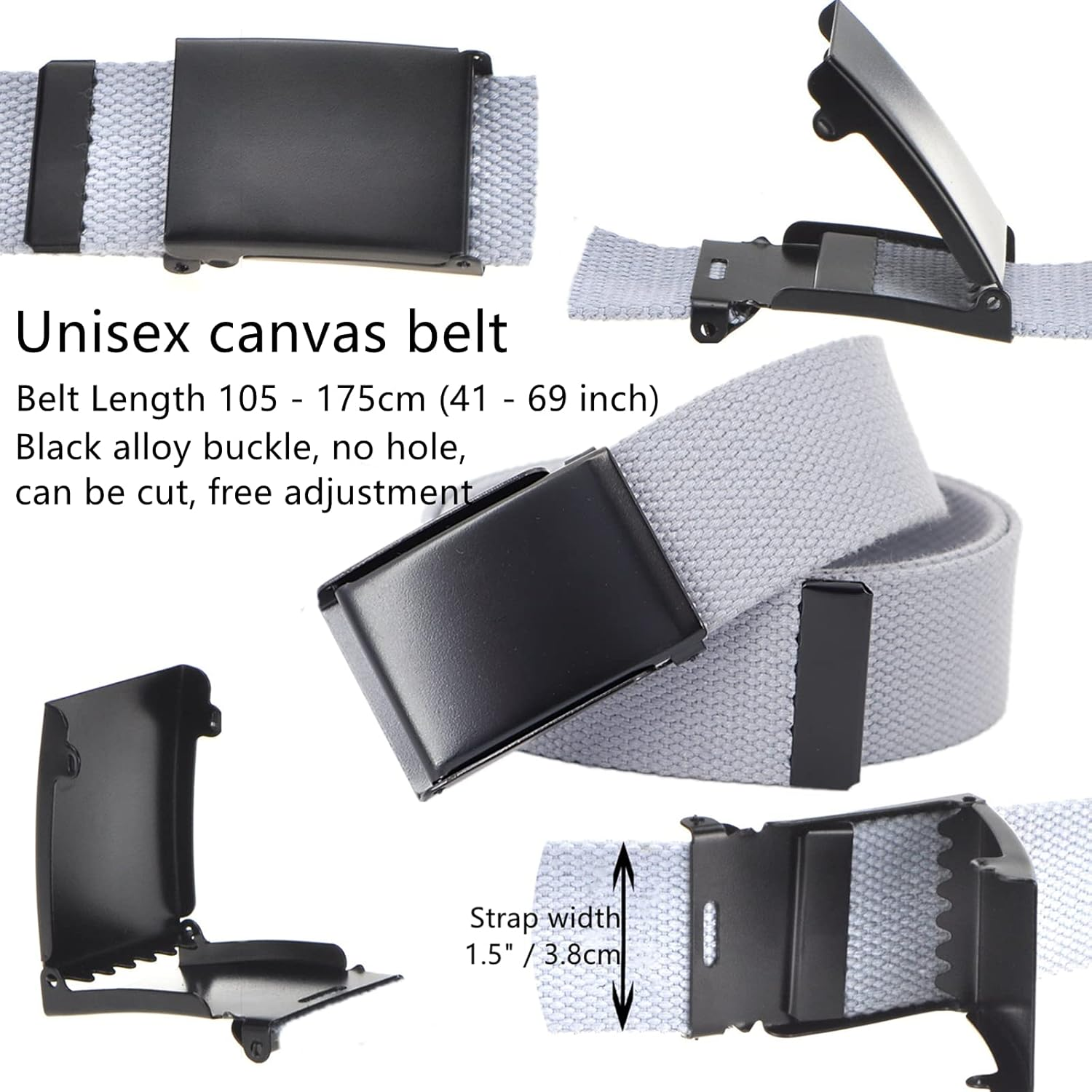 Yunyunstrap Mens Canvas Web Belt, Cut to Fit Size up to 69" with Flip-Top Solid Black Military Buckle, 2 Pack image number 7