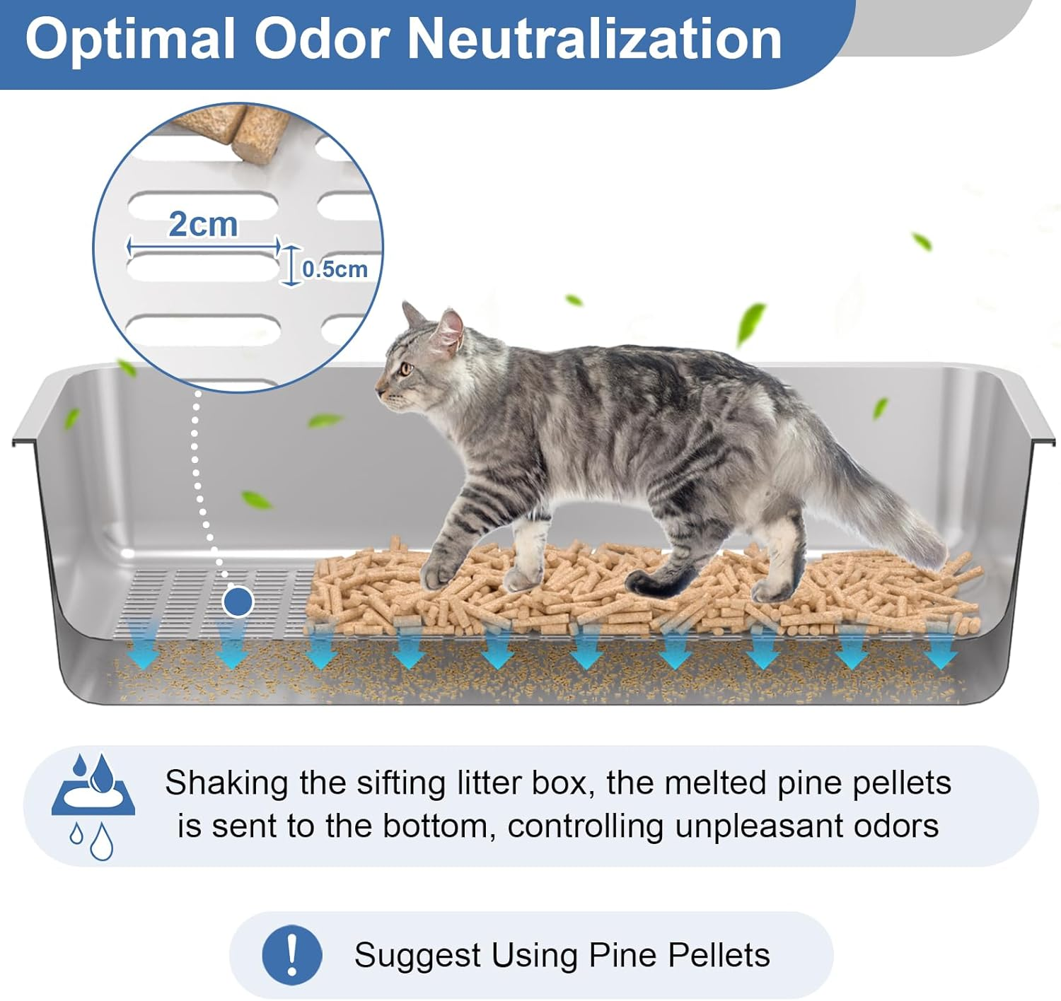 Stainless Steel Sifting Litter Box with Lid, Medium Sifting Cat Litter Box for Pine Pellets & Big Cats,Metal Pellet Sifter Litter Pan System for Odor Control,Sifting Box Liners & Scoop image number 1