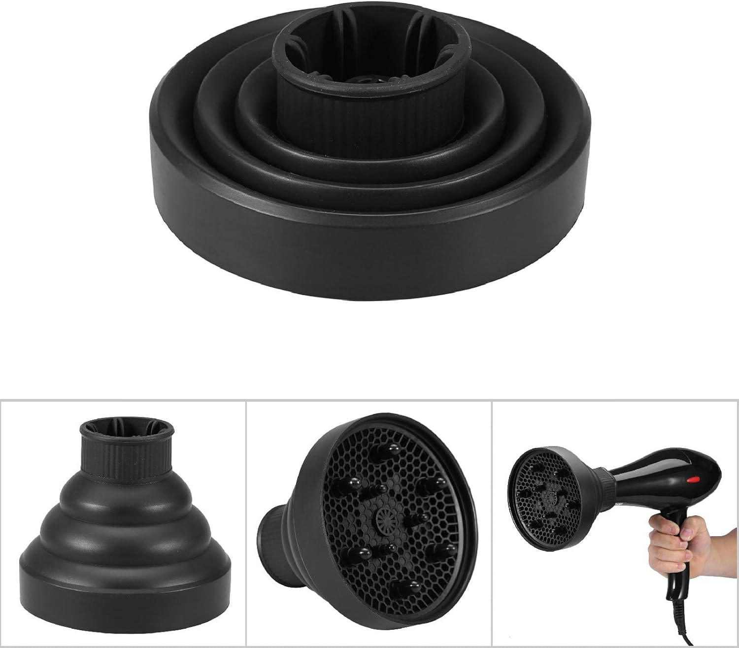Foldable Hairdryer Diffuser - High Temp Resistant Silicone, Protects Hair from Heat Damage, Washable - 5 Color Choices (Black) - Green image number 6
