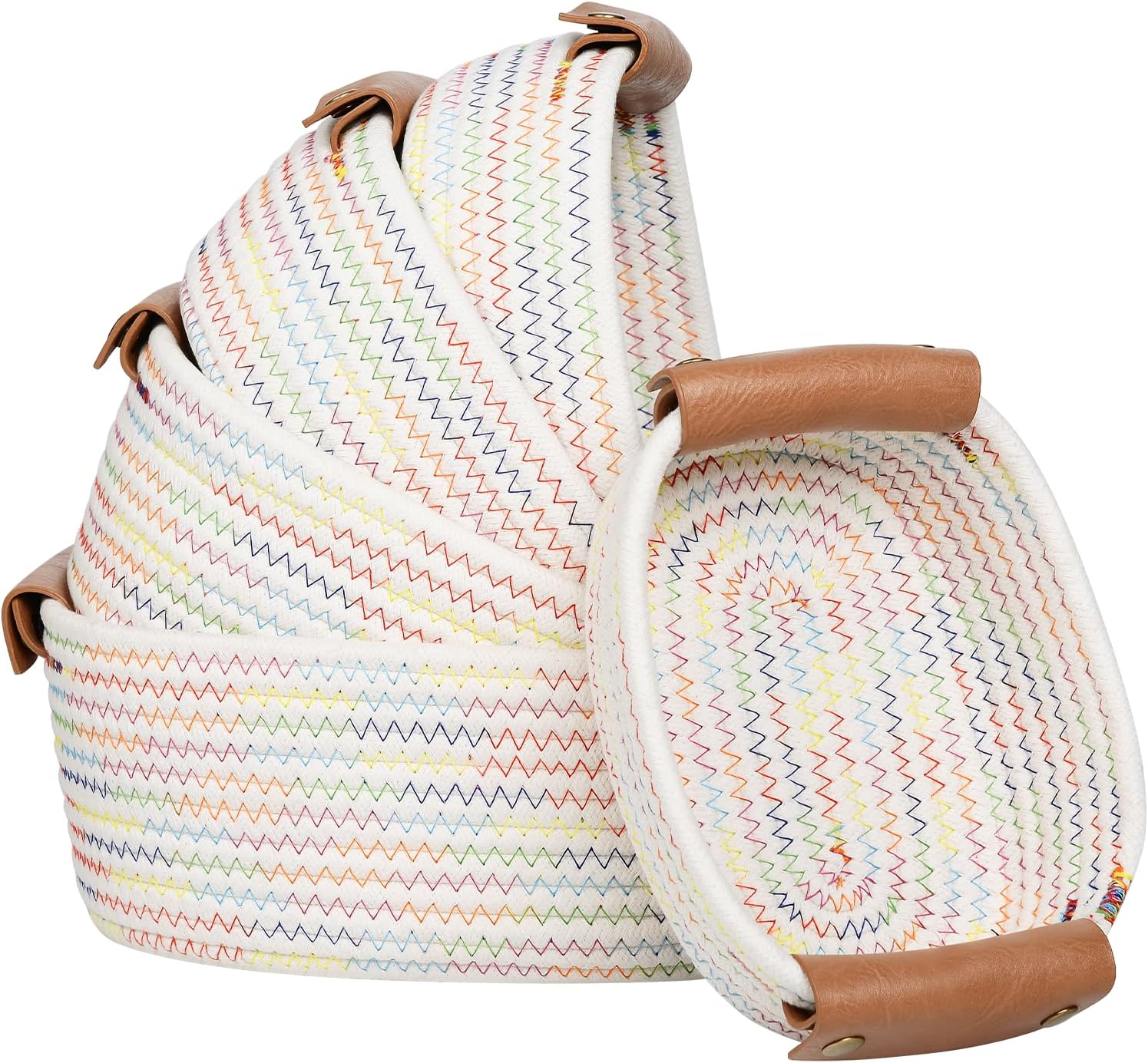 Storage Basket Set of 5 - Cotton Rope Baskets with Leather Handles - Small Woven Basket for Organizing, Nursery, Bathroom Shelves or Bedroom Decor (Rainbow) - Black image number 2