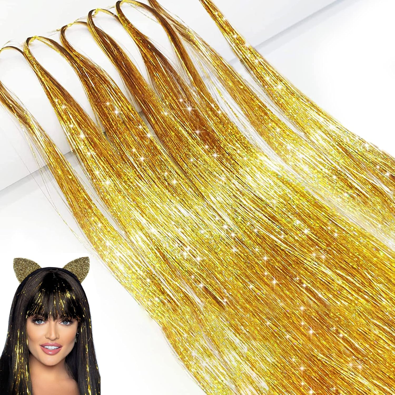 Hair Tinsel Extensions 1200 Strands &ndash; 47Inch Long Sparkle Glitter Hair Highlights, Holographic Fairy Shiny Tinsel Extensions for Women &ndash; Party, Festival and Christmas Hair Decorations (Pink)