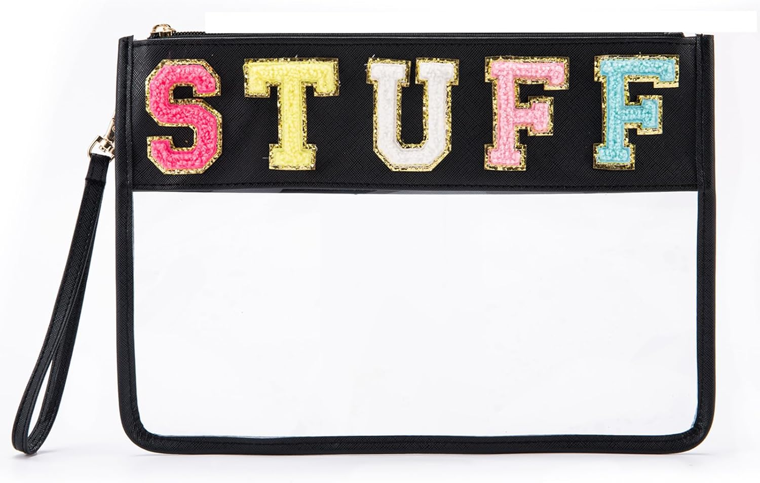 Chenille Letter Clear Zipper Pouch, Pvc&Nylon Clear Cosmetic Bags, Clear Purse, Travel Makeup Bag for Women and Children, Clear Pouches for Travel, Gym, Beach, Green, Glitter Chenille Letters