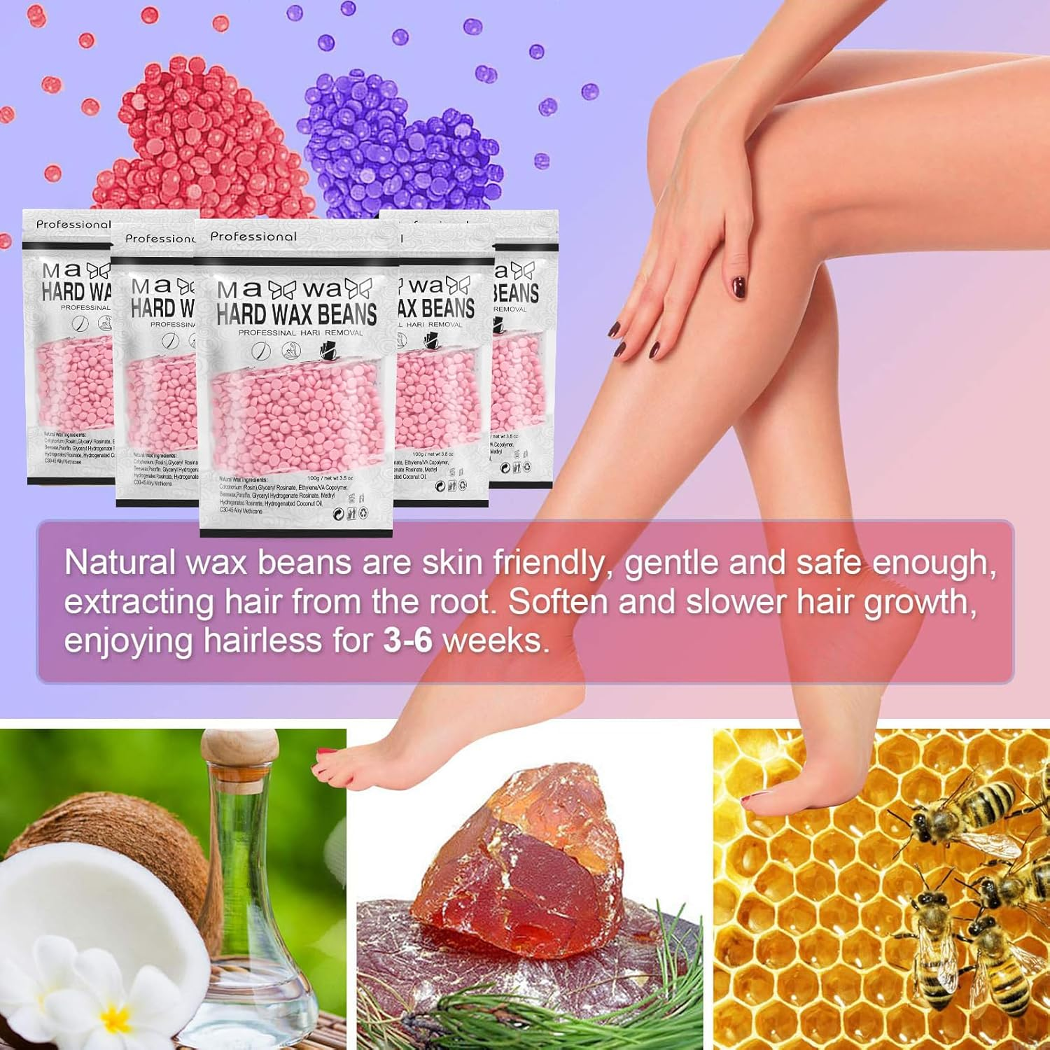 500G Hard Wax Beads for Hair Removal with 10 Sticks, Wax Beads for Sensitive Skin, Body Wax Beads for Thick Hair, Waxing Beads for Face, Eyebrows, Body, Home(100G/Pack) (5 Pack, Rose) image number 1