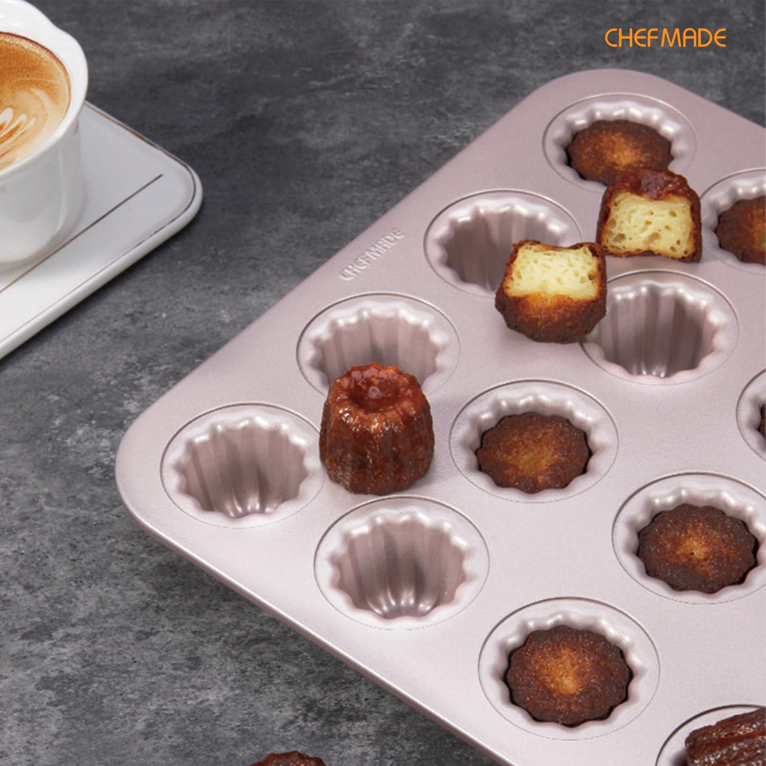 CHEFMADE Mini Canele Mold Cake Pan, 20-Cavity Non-Stick Mini Canele Muffin Bakeware Cupcake Pan for Oven Baking (Champagne Gold), (Gold-Bake-Wk9952) image number 3