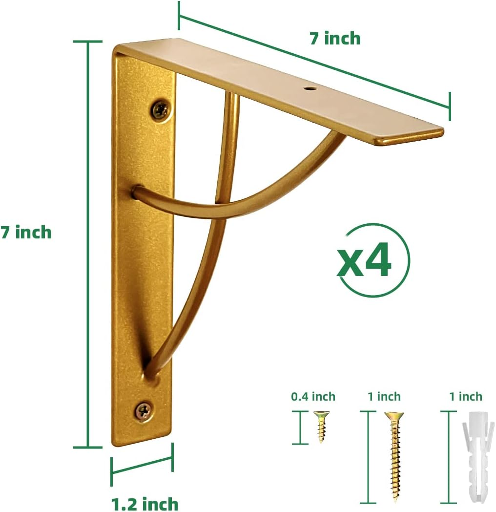 WAALIJI Metal Shelf Brackets, Gold Heavy Duty Shelf Bracket 7 Inch for Floating Shelf DIY Open Shelving Modern L & Cross Design Set of 4 image number 6