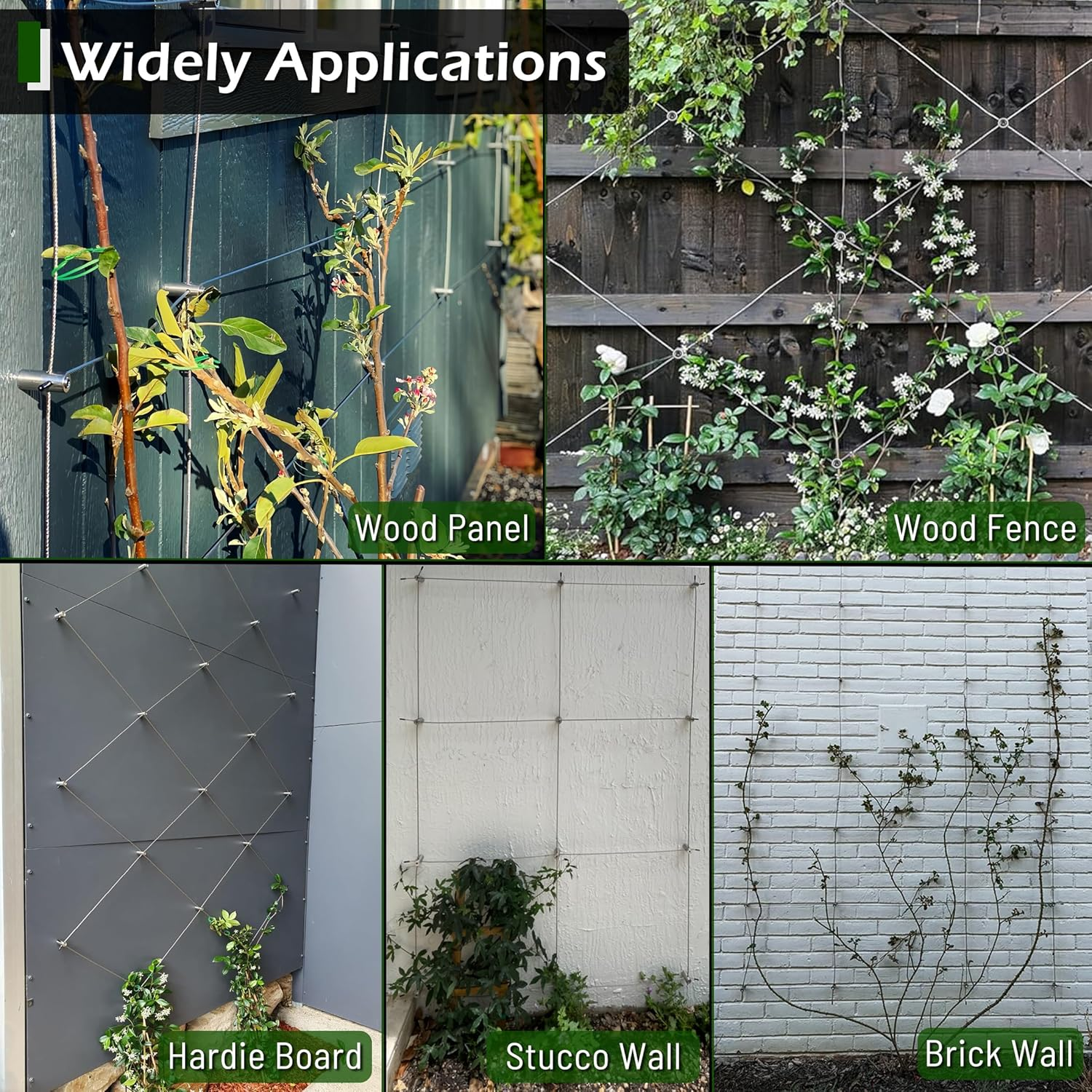 Wire Trellis for Climbing Plants Outdoor, 20-Set Wall Wire Trellis Kit with 1/8In X 98Ft Stainless Steel Cable, T316 Cylindrical Espalier System for Fence and Garden DIY Projects image number 2