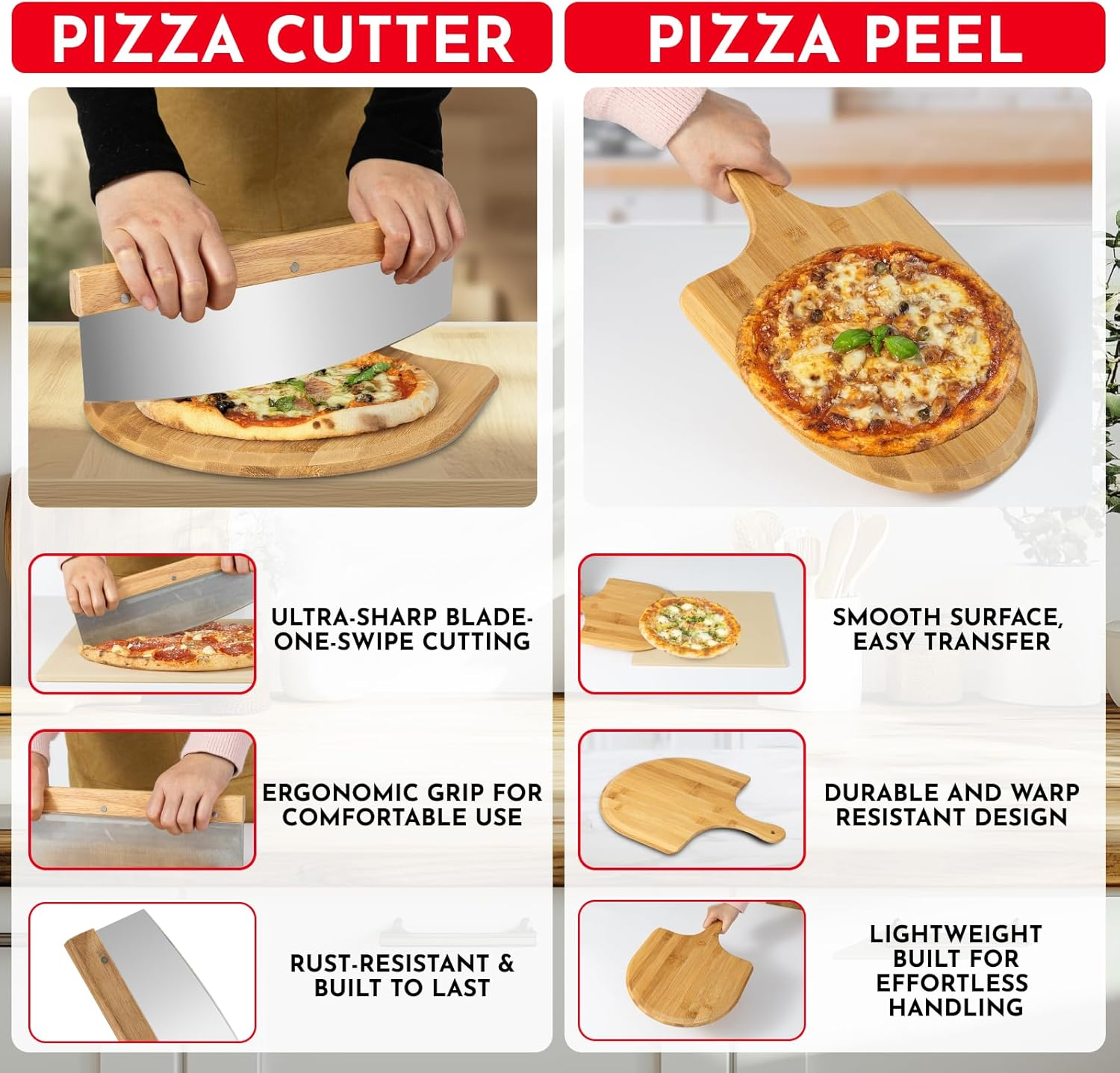 Culinary Couture Rectangular Cordierite Pizza Stone - 15X12 Inches - Beige - 3PCS Set with Wooden Peel - Baking Stone for Pizzas & Bread