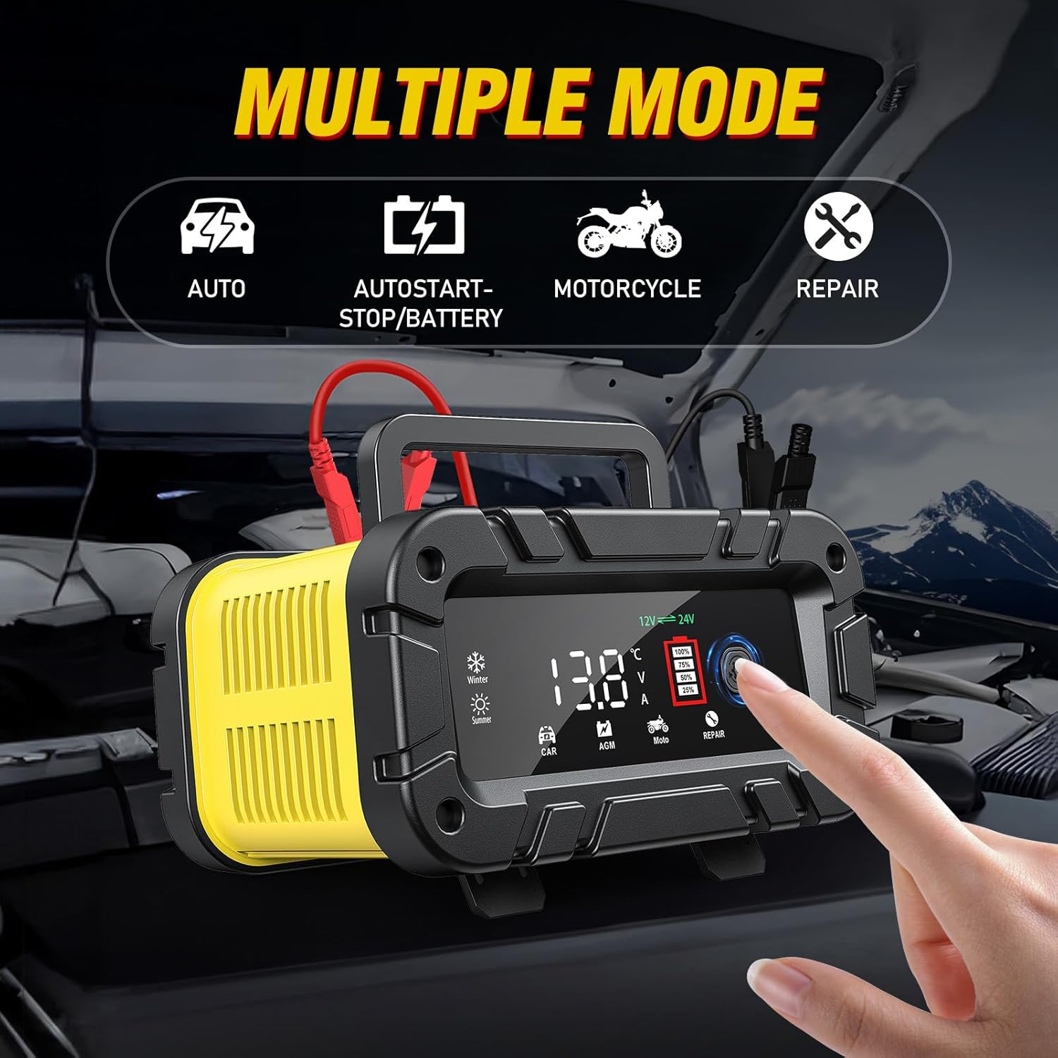 12V / 24V Car Charger, 20A Multi Protections Motorcycle Battery Charger, Intelligent LCD Screen Fully Automatic Battery Charger for Motorcycles, Boats, Cars, Agm/Lithium Battery (Black,Yellow) image number 3