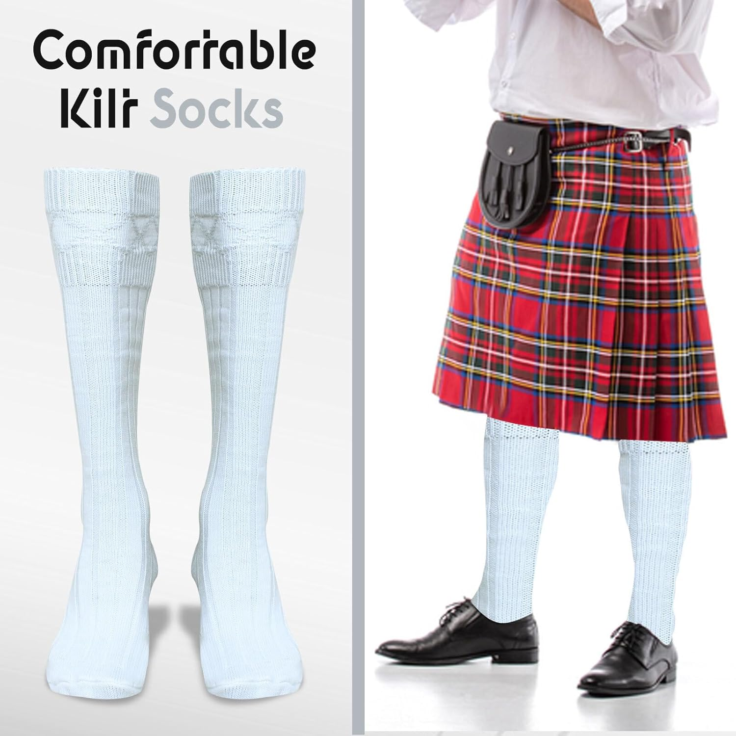 Scottish Highland Kilt Hose for Men, Ribbed Socks for USA Shoe Sizes, Wool Blend image number 3