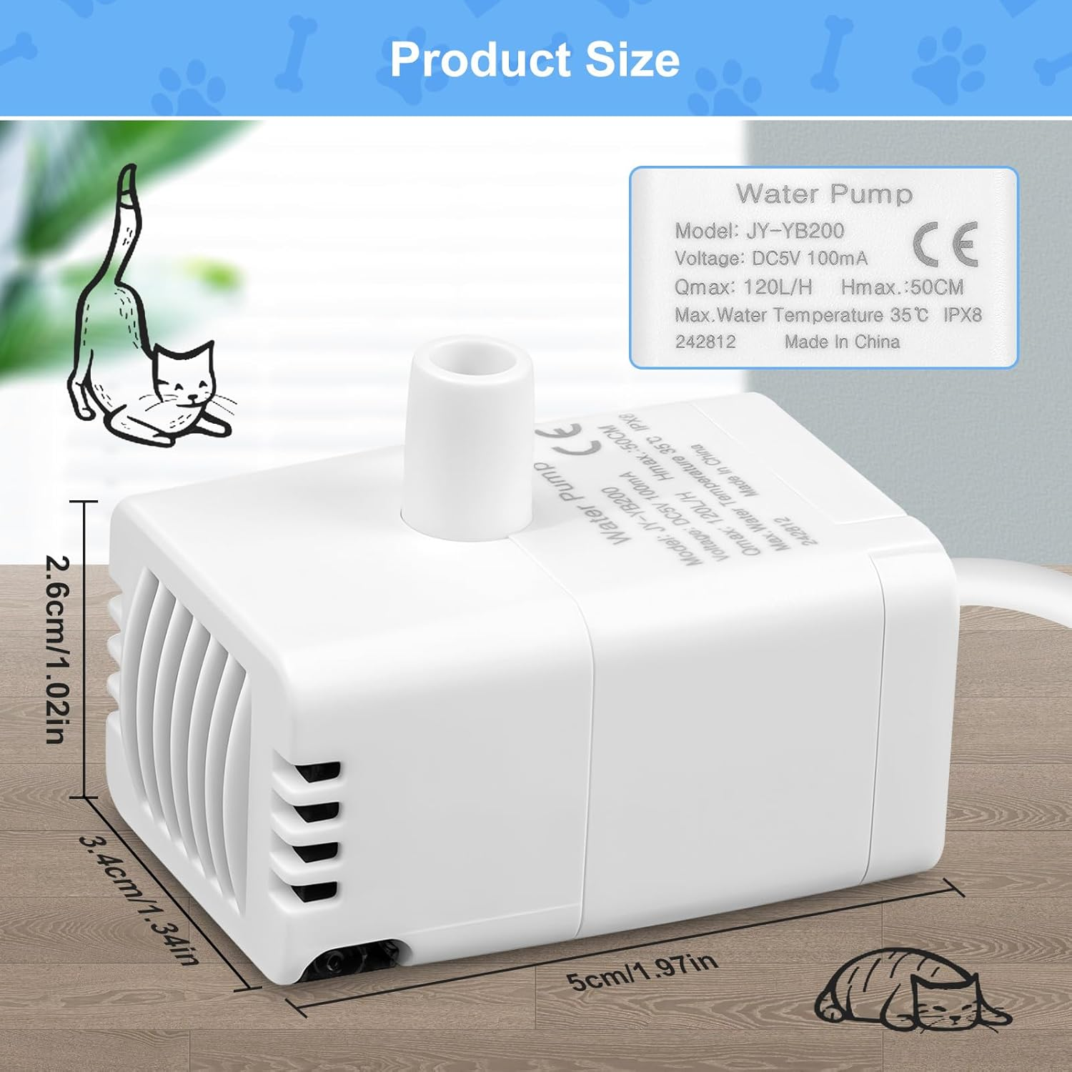 Sanklev Wireless Cat Water Fountain Pump, JY-YB200 DC Replacement Pump for Cordless Stainless Steel Pet Water Dispenser, Super Quiet, IP68 Waterproof image number 2