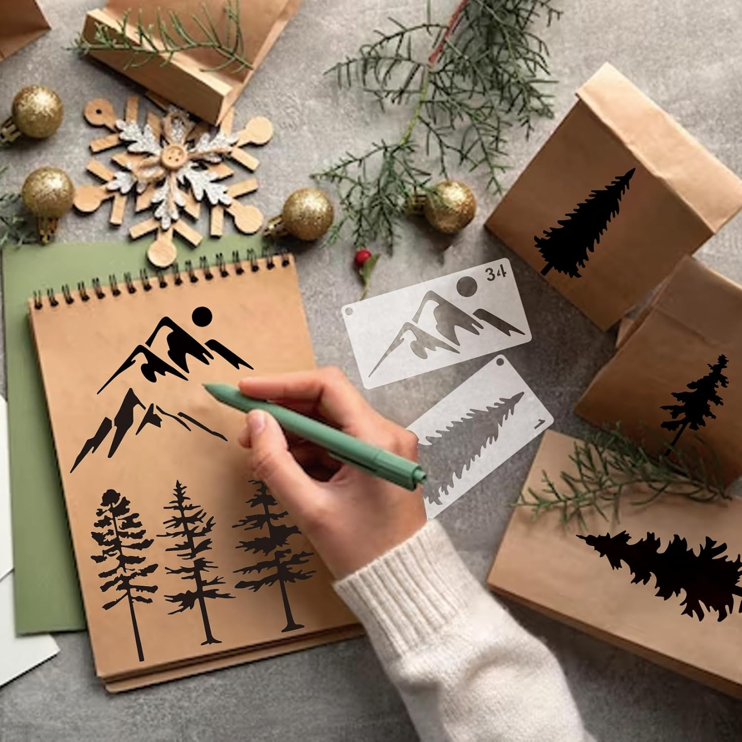 Mountain Stencils for Painting on Wood Burning Patterns Pine Tree Stencils Nature Stencil Christmas Tree Paint Template on Art Craft Canvas Wall Fabric Rock (50 Mountain) image number 1