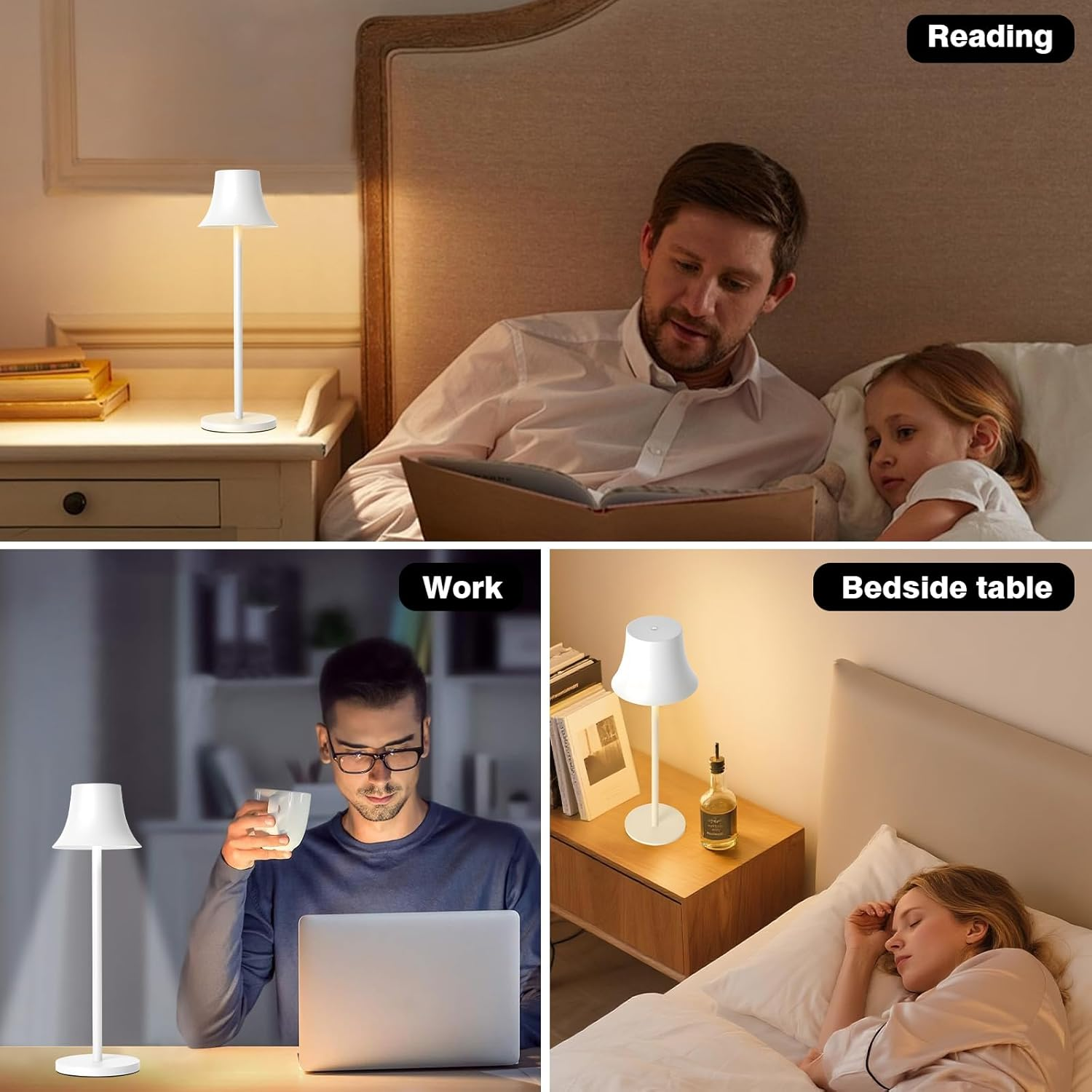 LED Table Lamp, Dimmable LED Battery Table Lamp Wireless, with 4000 Mah Battery, Rechargeable Table Lamp with USB, 3 Light Modes for Bedroom, Living Room, Dining Room, Bar, White Mini - Pack Of 1, White image number 3