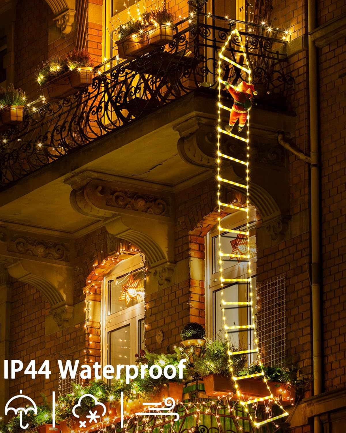 Warm White Christmas Decorations LED Ladder Light with Climbing Santa Claus, 3M Outdoor Christmas Decorative Lights - 8 Modes Xmas Lights Tree for Home Holiday Wall Window Xmas Decor image number 5