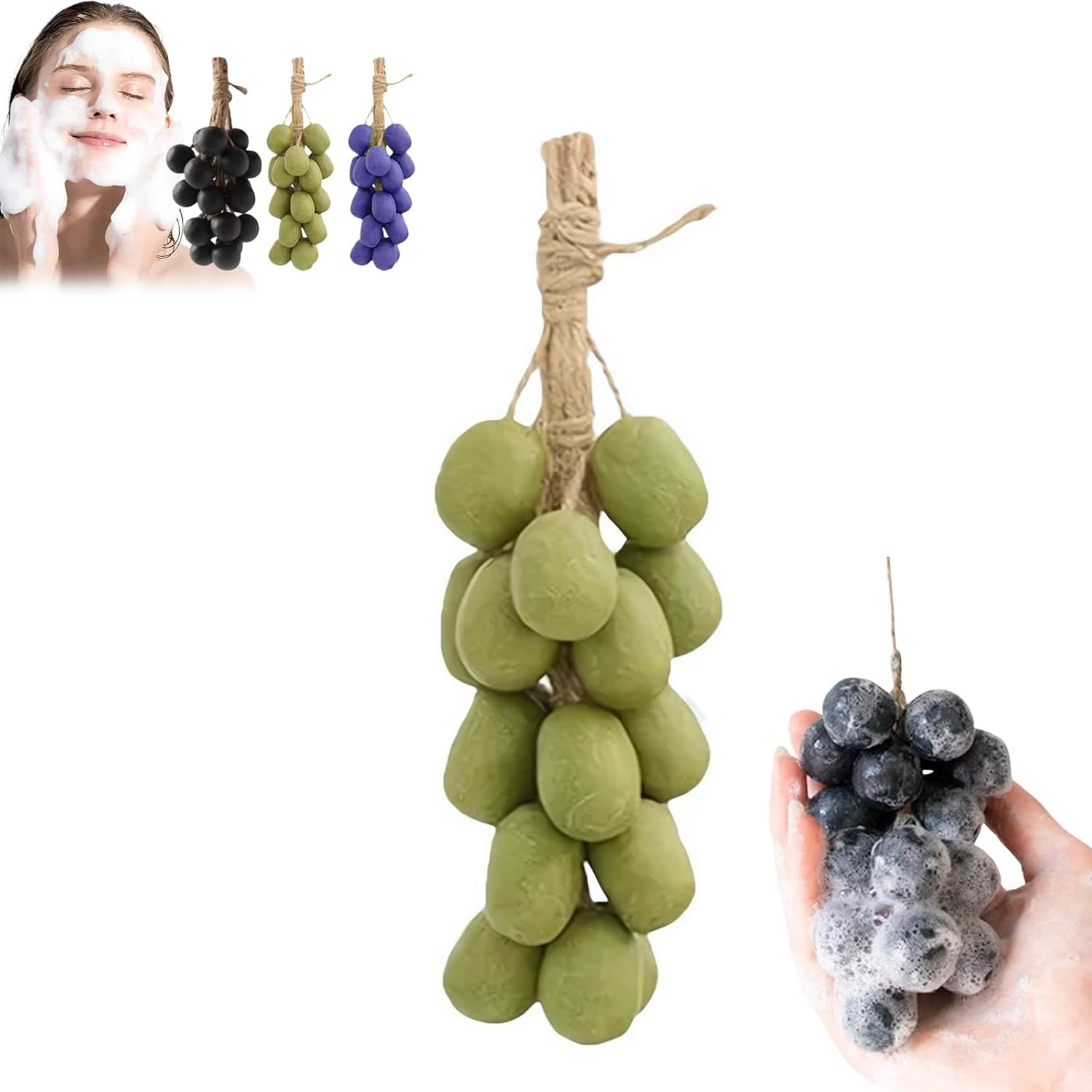 Grape Soap on a Rope,Handmade Cluster Grape Shaped Soap on Vine Bar, Face & Body Bath for Shower,Romantic & Unique Gifts for Christmas,Natural Grapes Scented Soaps for Spa Bath Home Decor (Green)