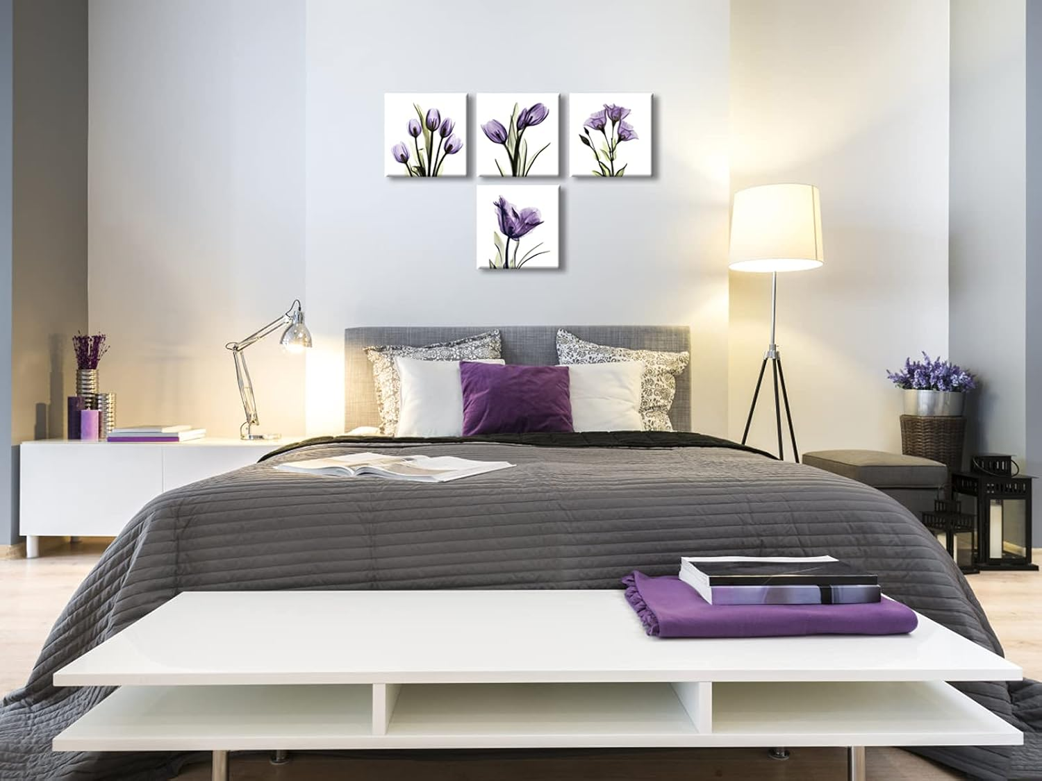 Pyradecor Elegant Purple Flickering Flower Canvas Prints Wall Art Grace Floral Pictures Paintings for Living Room Bedroom Office Home Decorations 4 Panel Modern Abstract Gallery Wrapped Giclee Artwork image number 1