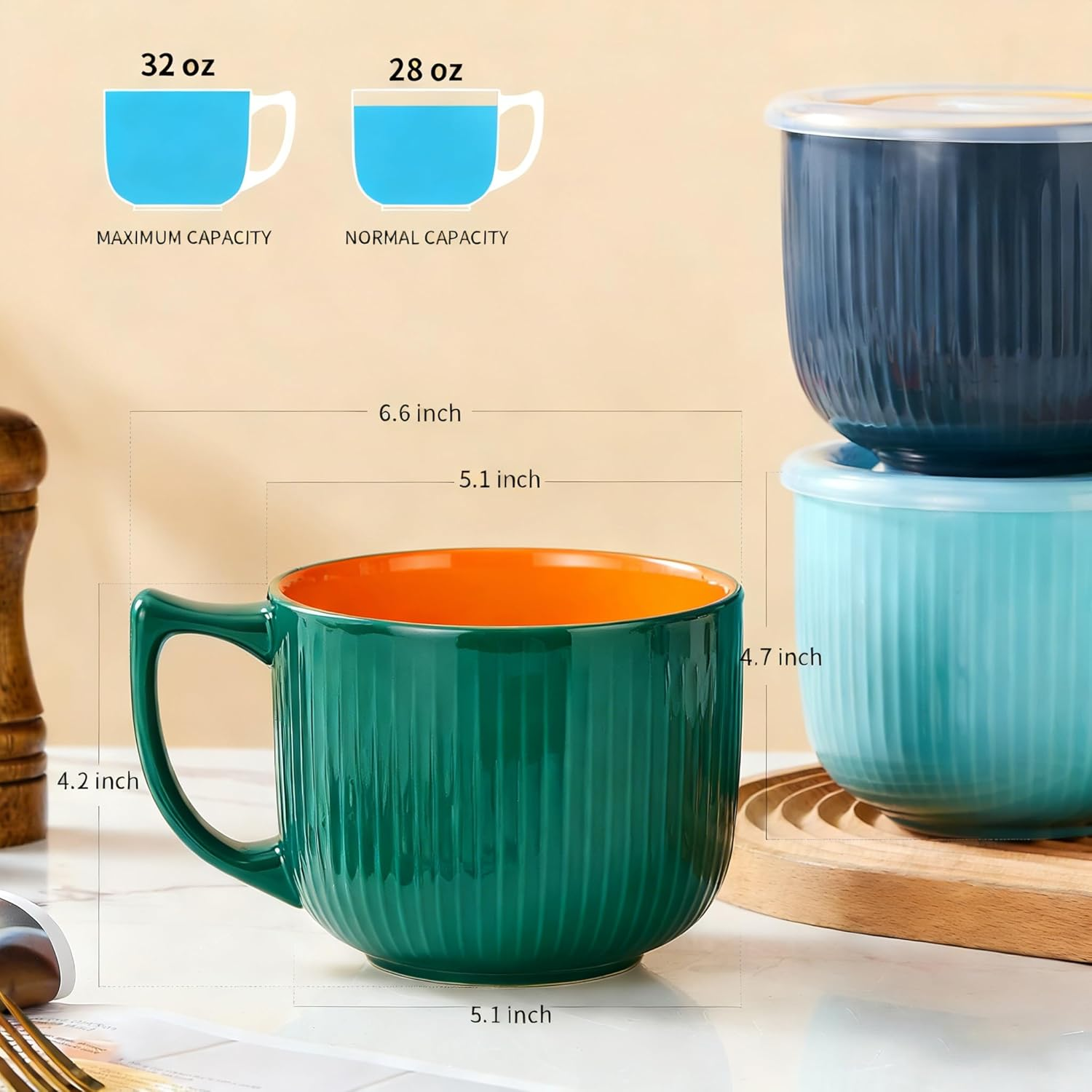 900Ml/32Oz Ceramic Soup Bowl with Handle & Lid - Microwave & Dishwasher Safe Large Ramen Bowl for Noodle, Cereal, Salad Soup Container with Lid - Green - Grey/Yellow image number 5