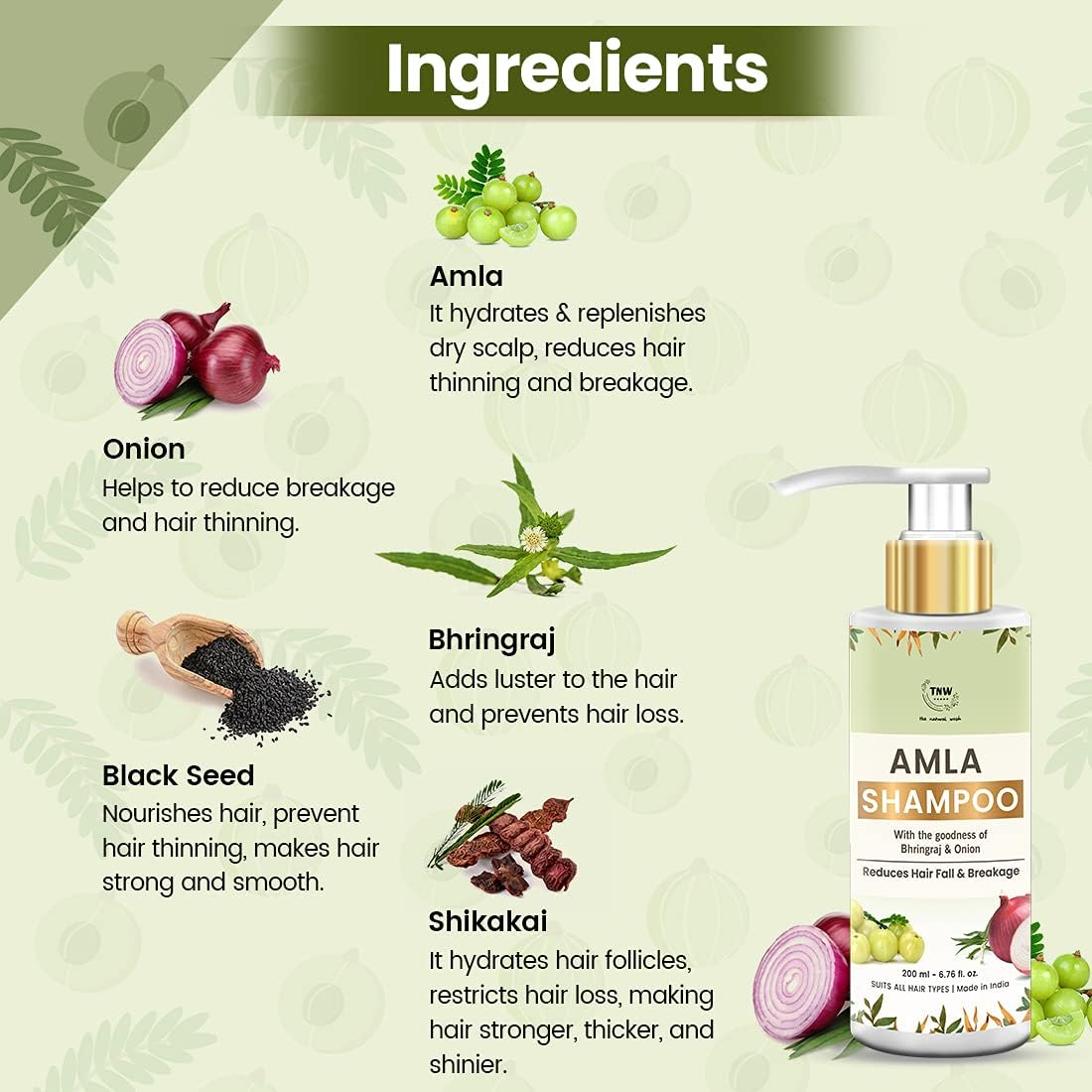 Tnw-The Natural Wash Amla Shampoo for Hair Growth & Controlling Hair Fall with the Goodness of Amla,Bhringraj, Onion, Black Seed| No Paraben & No Sulphate| Amla Shampoo for Men and Women (200 Ml) image number 4