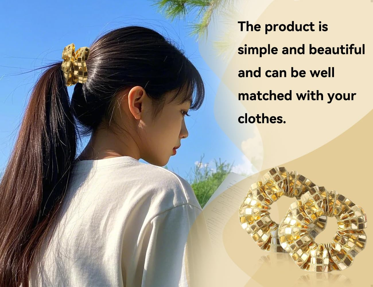 Emezddo Pack of 3 Hair Bobbles, Sequin Ponytail Scrunchies, Glitter Elastic Hair Accessories, Used for Women Girls Sports Disco Carnival Theme Party Birthday (Gold) image number 4