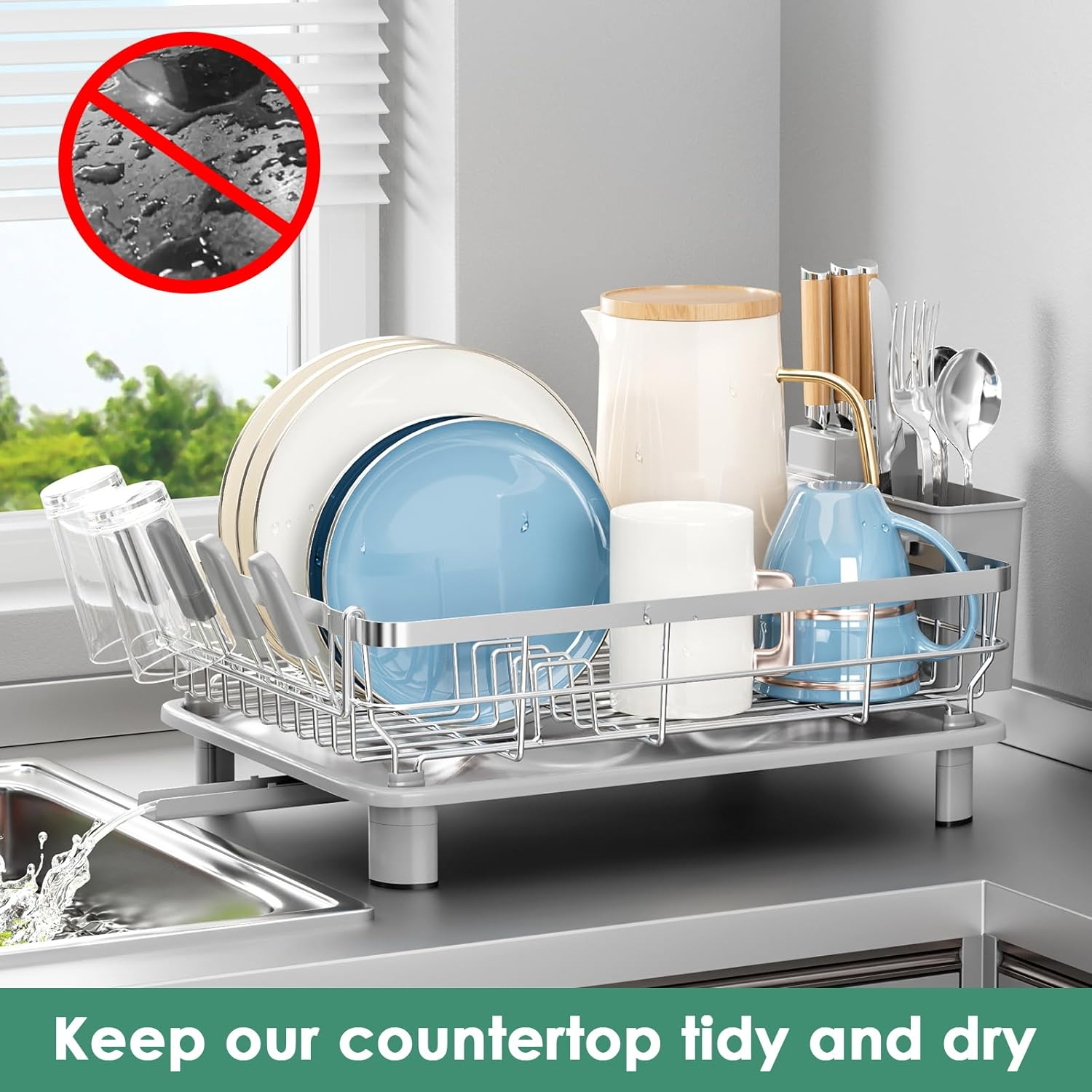 Sandream Dish Drying Rack, Dish Rack, Stainless Steel Dish Drainer for Kitchen Counter, Dish Rack with Draining Tray & Cutlery Utensil Holder, Kitchen Storage & Organisation(Grey) - Black image number 2