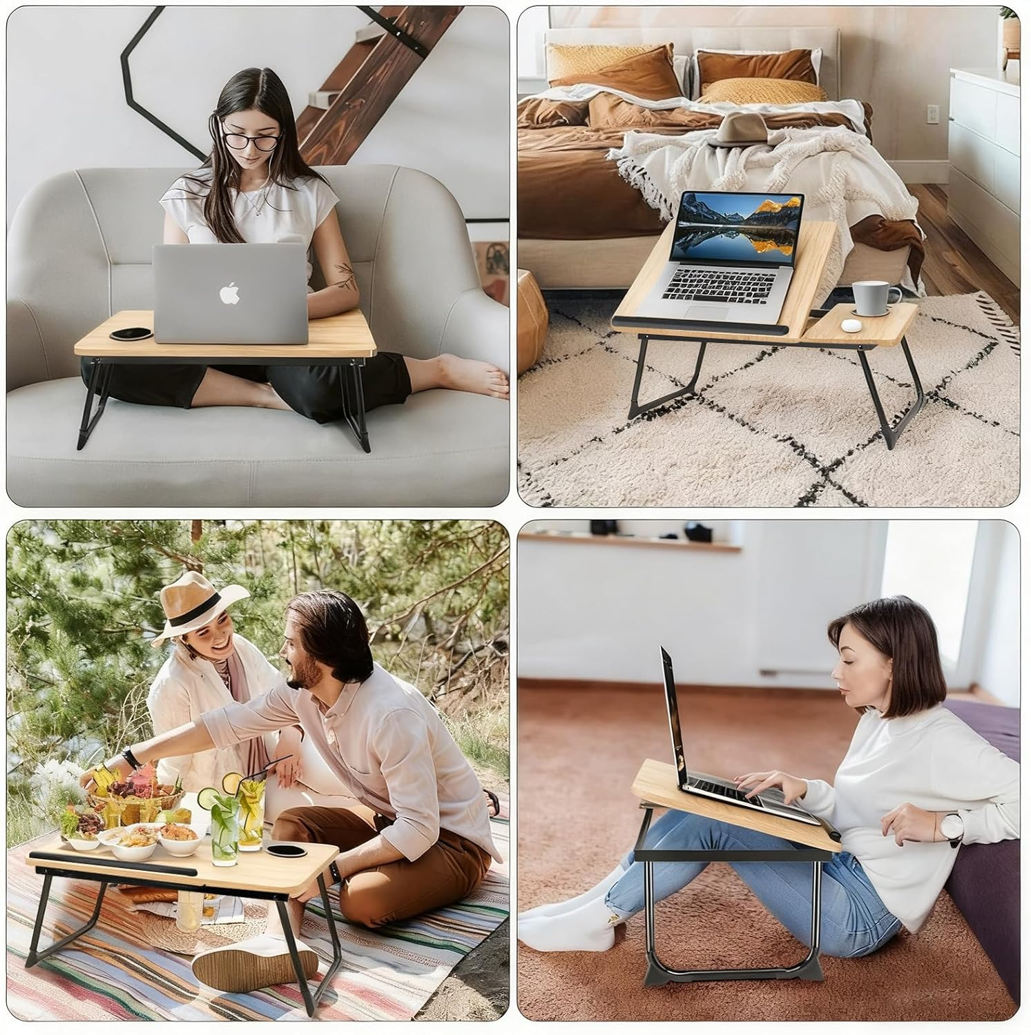 Adjustable Laptop Desk for Bed, 5-Angle Portable Lapdesk with Non-Slip Bar & Feet, Lightweight Lap Tray Table for Working/Eating/Reading, Includes Cup Holder (Natural Wood) image number 5