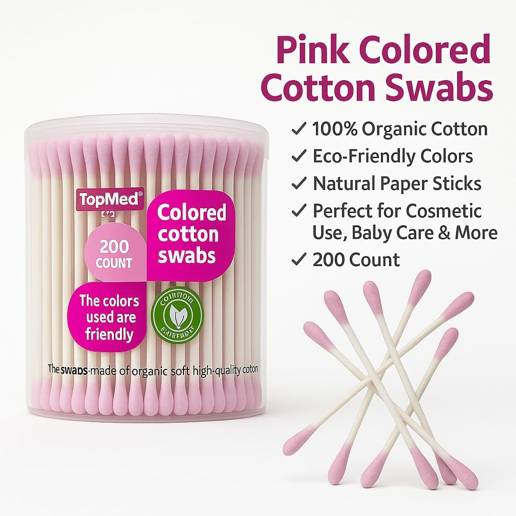 TOPMED PAPER COLOR COTTON BUDS in a round BOX 200 PCS PINK 100% Cotton Sticks - Pink image number 5