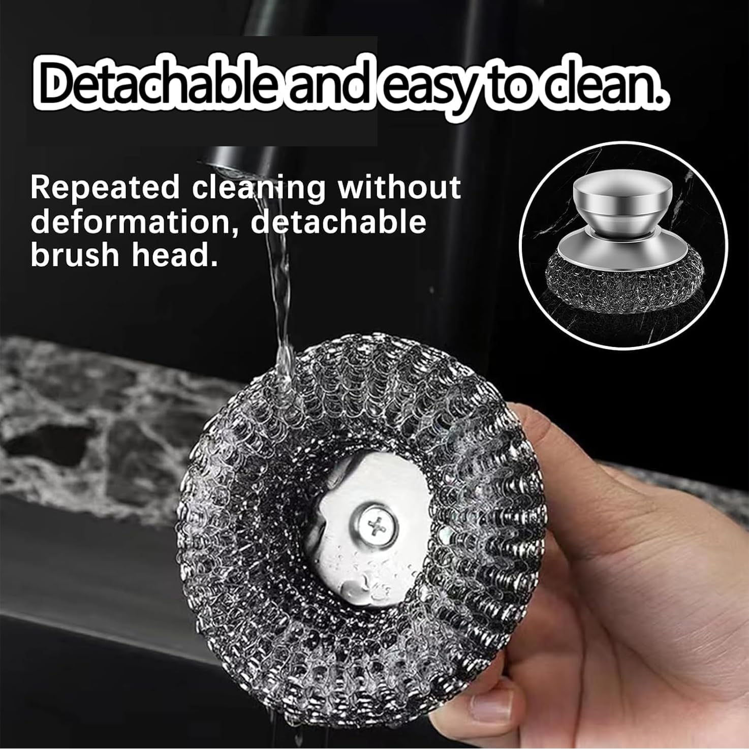 WADY 4 Pcs Stainless Steel Scrubber Stainless Steel Scourer with Handle round Pan Scourer Non Scratch Sponge Premium Dish Scrubber Metal Sponge Scrubber for Cleaning Pots Pans Grills Sink image number 6