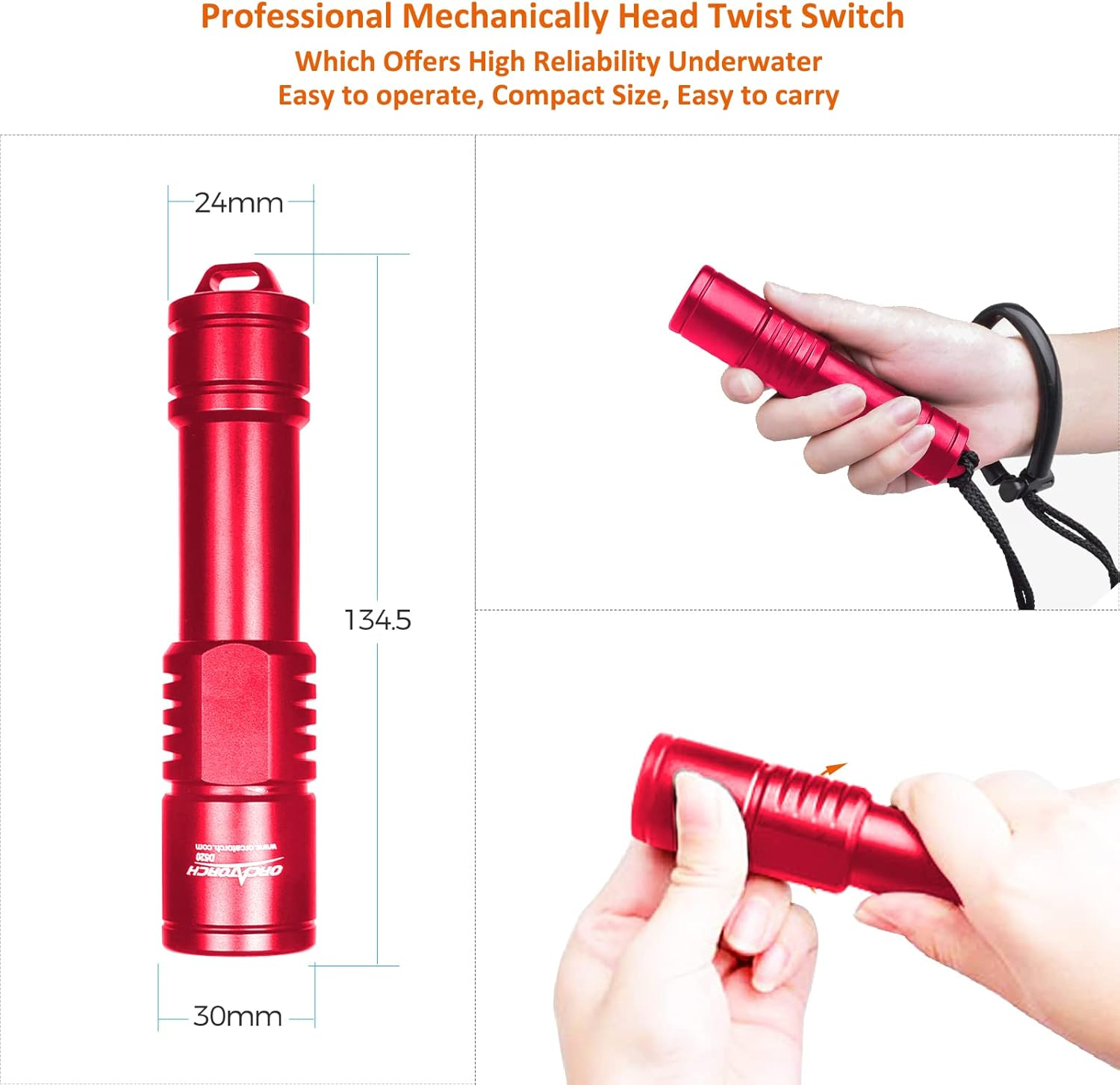 ORCATORCH D520 Scuba Dive Light 1000 Lumens Compact Diving Flashlight IP68 Waterproof Night Dive Torch Submarine Diving Lights with Rotary Switch for Underwater 150 Meters Deep Sea Diving (Red) image number 6