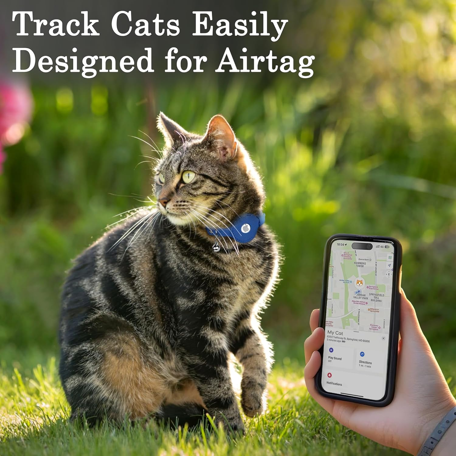 OOPSDOGGY Cat Collar for Airtag Holder, Leather Kitten Collars with Elastic Strap & Bell, Non Breakaway Adjustable Small Pet Collars for Indoor & Outdoor for Boy, Girl (Blue) - Blue image number 3