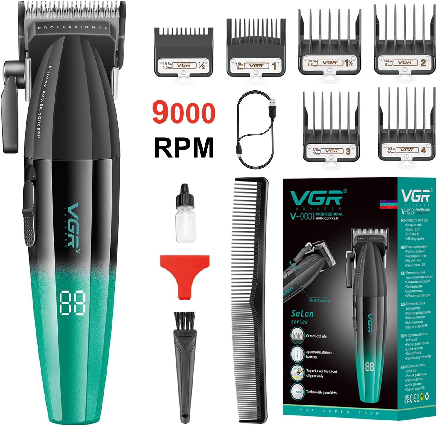 VGR 003 Fresh Fade Hair Clipper, Professional Hair Trimmer, Cord/Cordless Rechargeable Hair Cutting Tools with LED Display, 9000 RPM Barber Clippers, Green