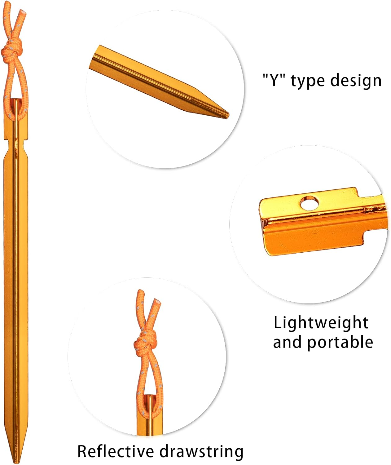 12 Pieces Tent Pegs, Y-Shaped Heavy Duty Tent Pegs Aluminium Alloy Gold Camping Tent Stake Nail with Reflective Rope for Camping, Outdoor, Beach and Hiking image number 4