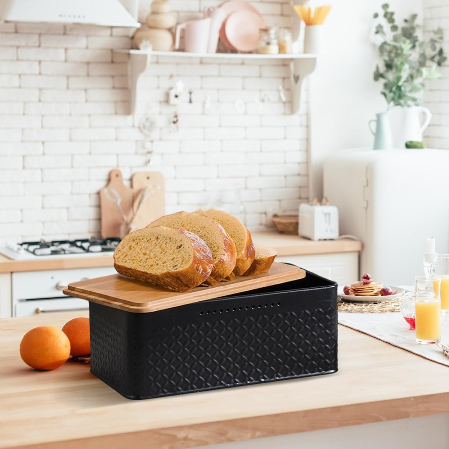 Bread Bin Box Container with Bamboo Lid, Black Bread Storage Box with Bamboo Chopping Board for Kitchen Countertop Storage Organiser (Black) image number 3