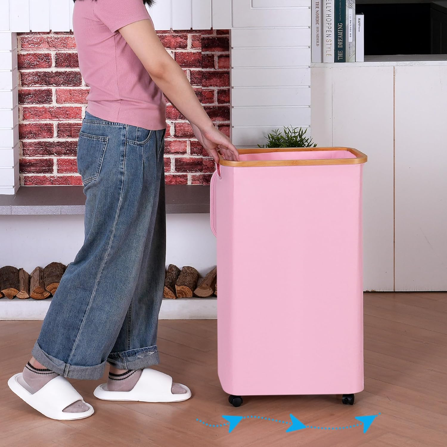 Iegrow Laundry Basket with Wheels 75 L, Laundry Hamper Slim with Removable and Washable Inner Bag, Laundry Baskets Laundry Baskets with Lid for Clothes, Toys, Towels (Beige) image number 2