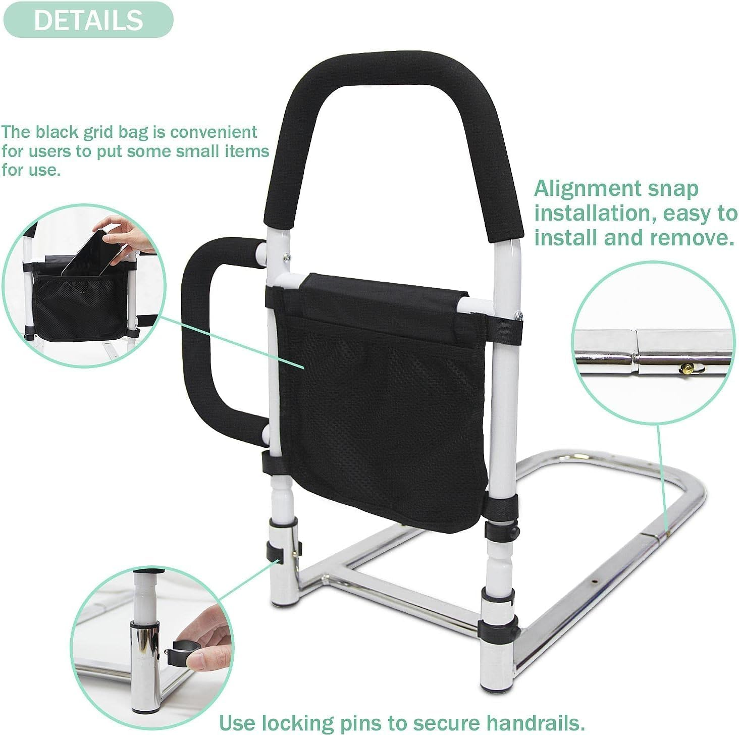 Bed Rails for Elderly Adults with Dual Grab Bars & Storage Pocket, Portable Adjustable Bed Assist Rail, Bed Rail Support up to 300Lbs, Fits King, Queen, Full Bed