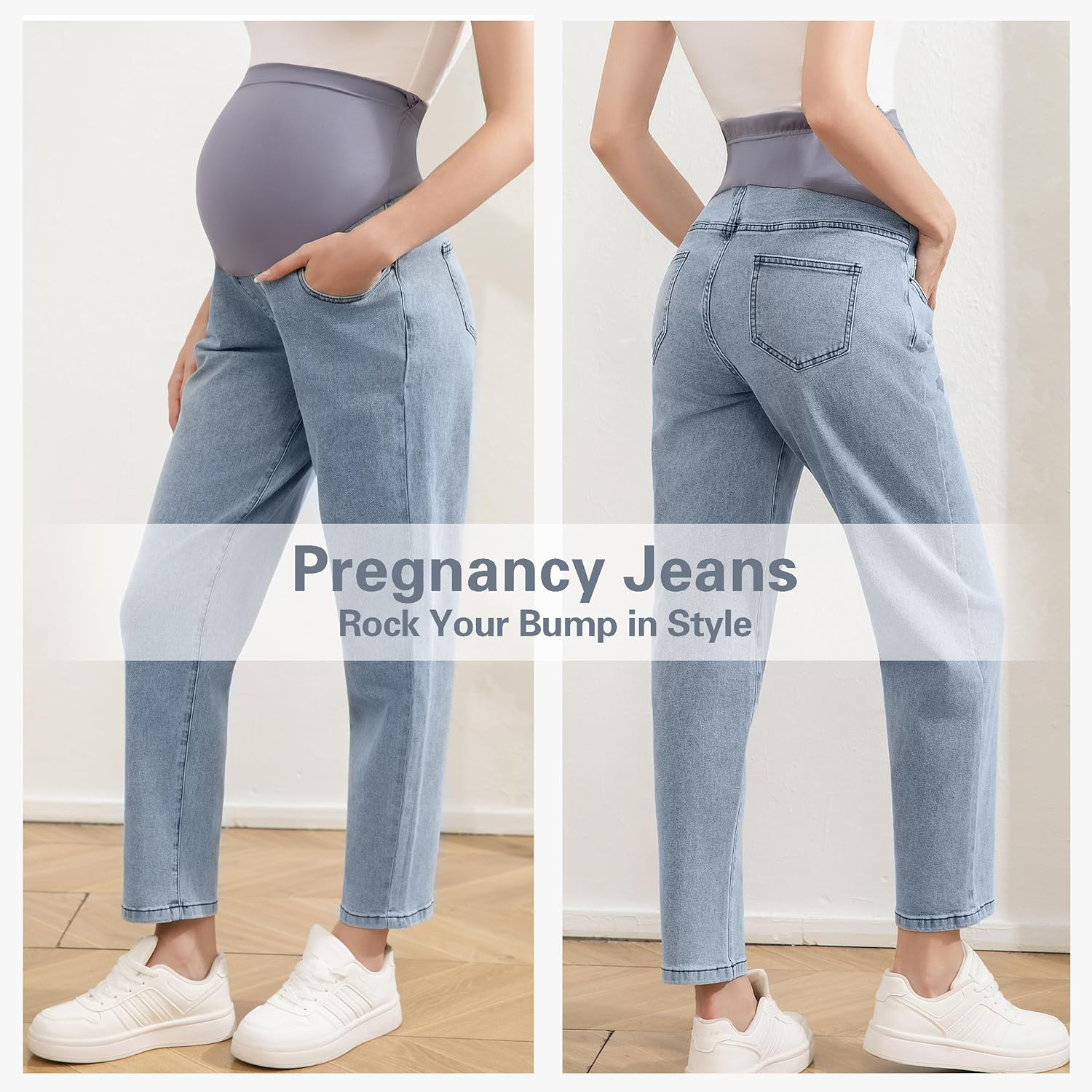 Women'S Maternity Jeans over Belly, Comfy Stretch Boyfriend Jeans, Loose Pregnancy Pants with Pockets image number 5