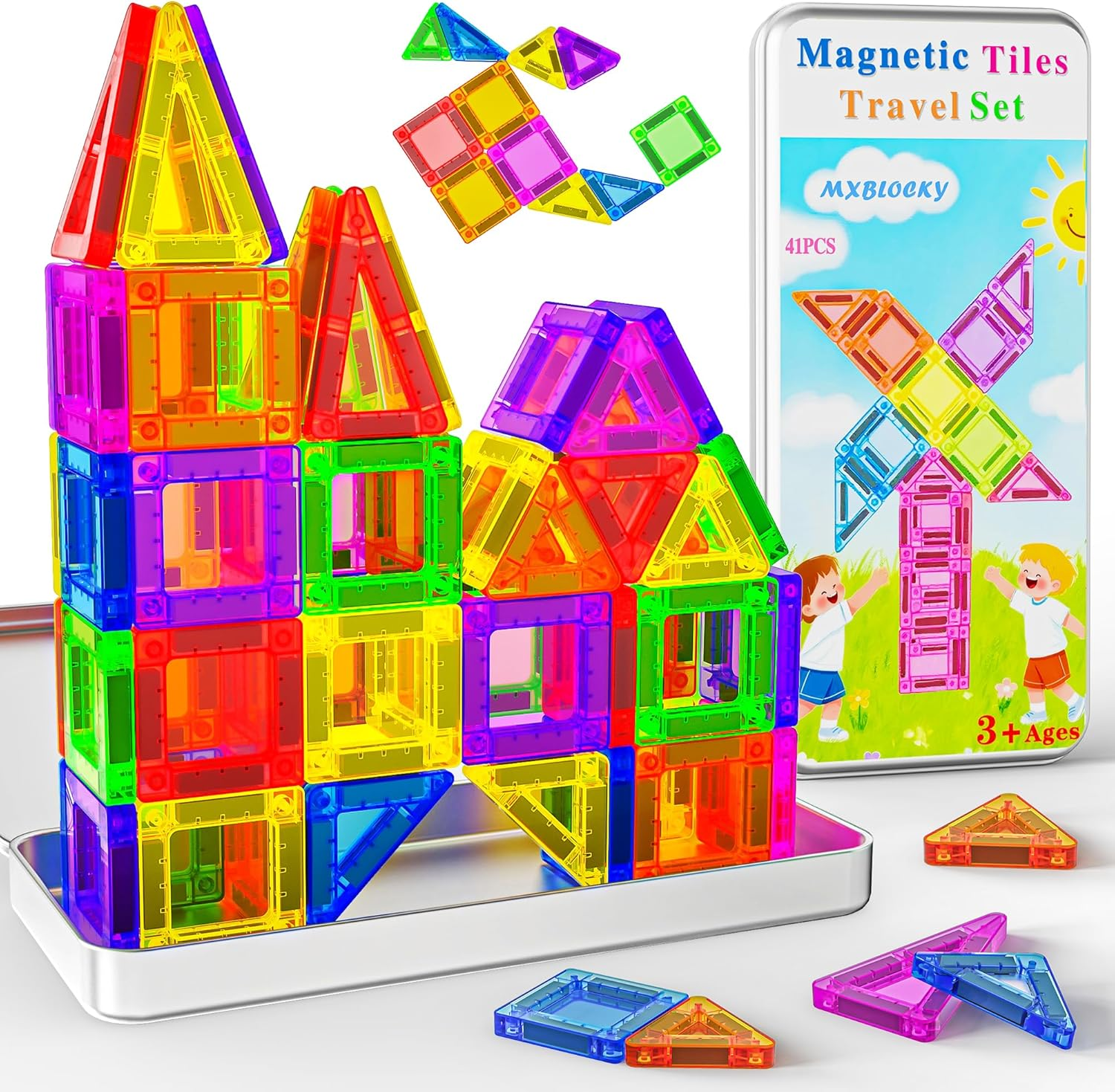 41PCS Travel Magnetic Tiles for Kids Ages 3-5 4-8 with Iron Box Magnet Mini Building Block Kids Plane Toys for 3 4 5 6 7+Year Old Boy Girl Toddler Preschool STEM Construction Christmas Birthday Gifts image number 2